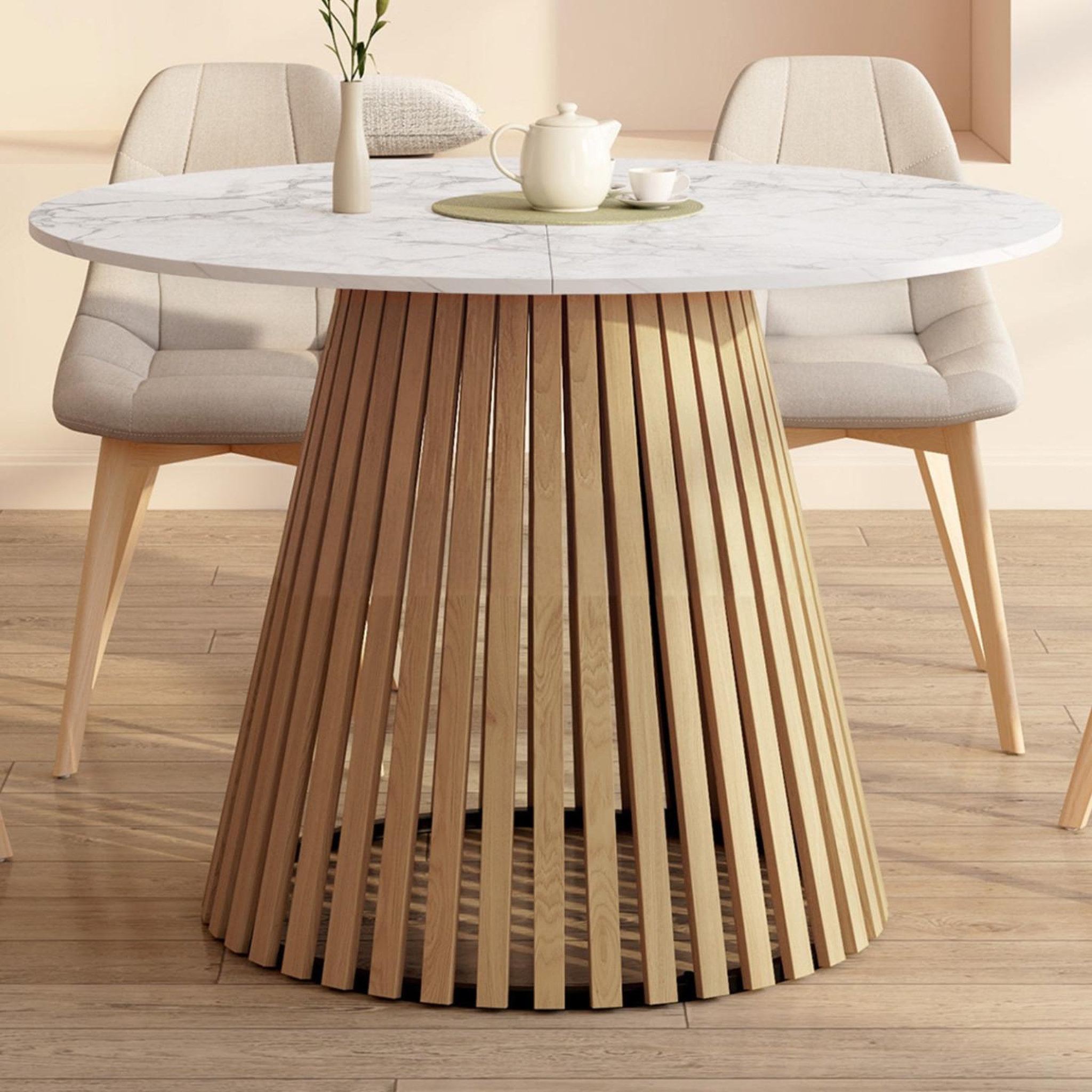 Voir la diapositive 4 : ID MARKET Table à manger extensible ronde carmen 4-8 personnes pied bois en lattes et plateau marbre blanc alaska 110 - 150 cm