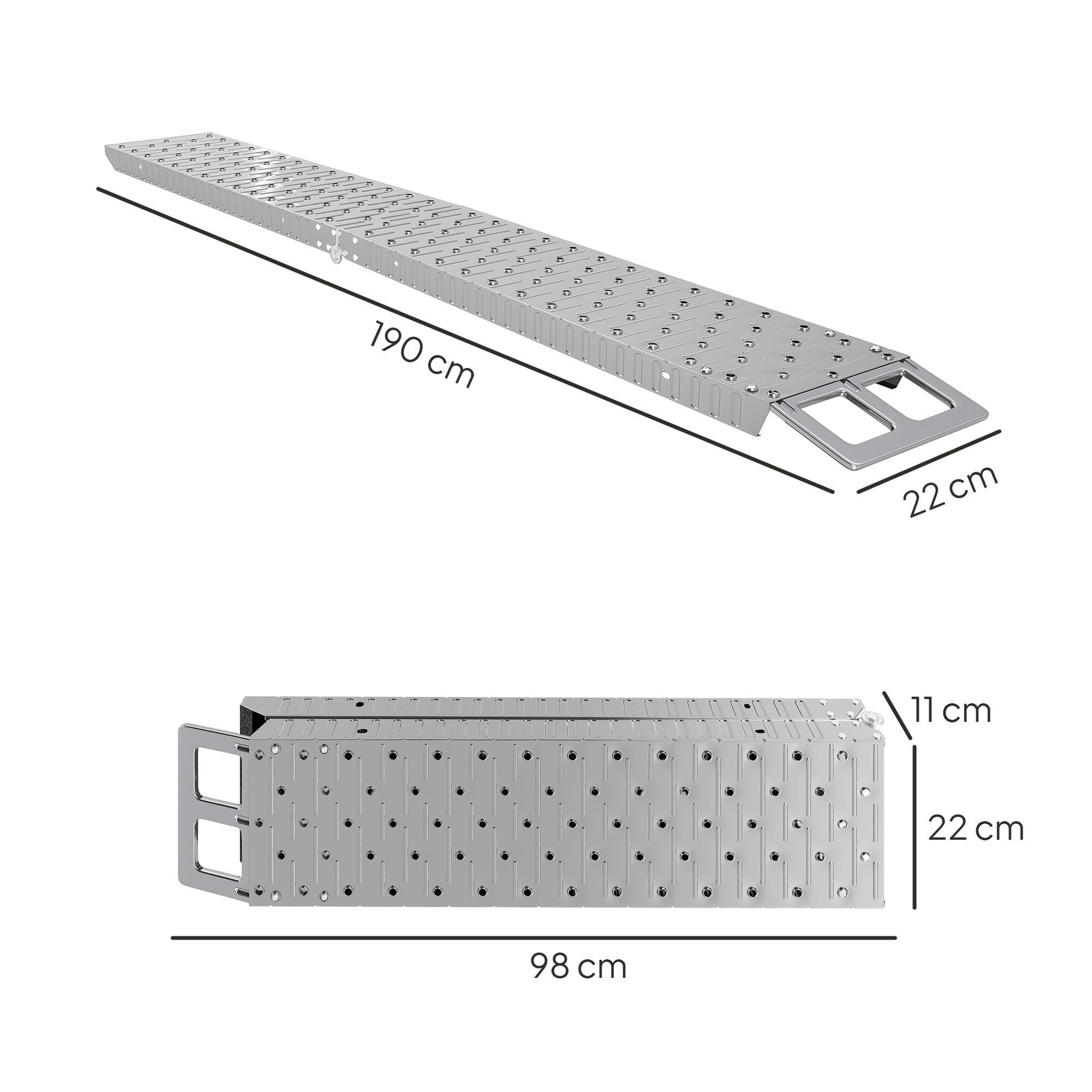 Voir la diapositive 3 : HOMCOM Rampe de chargement pliable acier inoxydable max. 230 kg sangles de sécurité dim. 190 x 22 x 8 cm