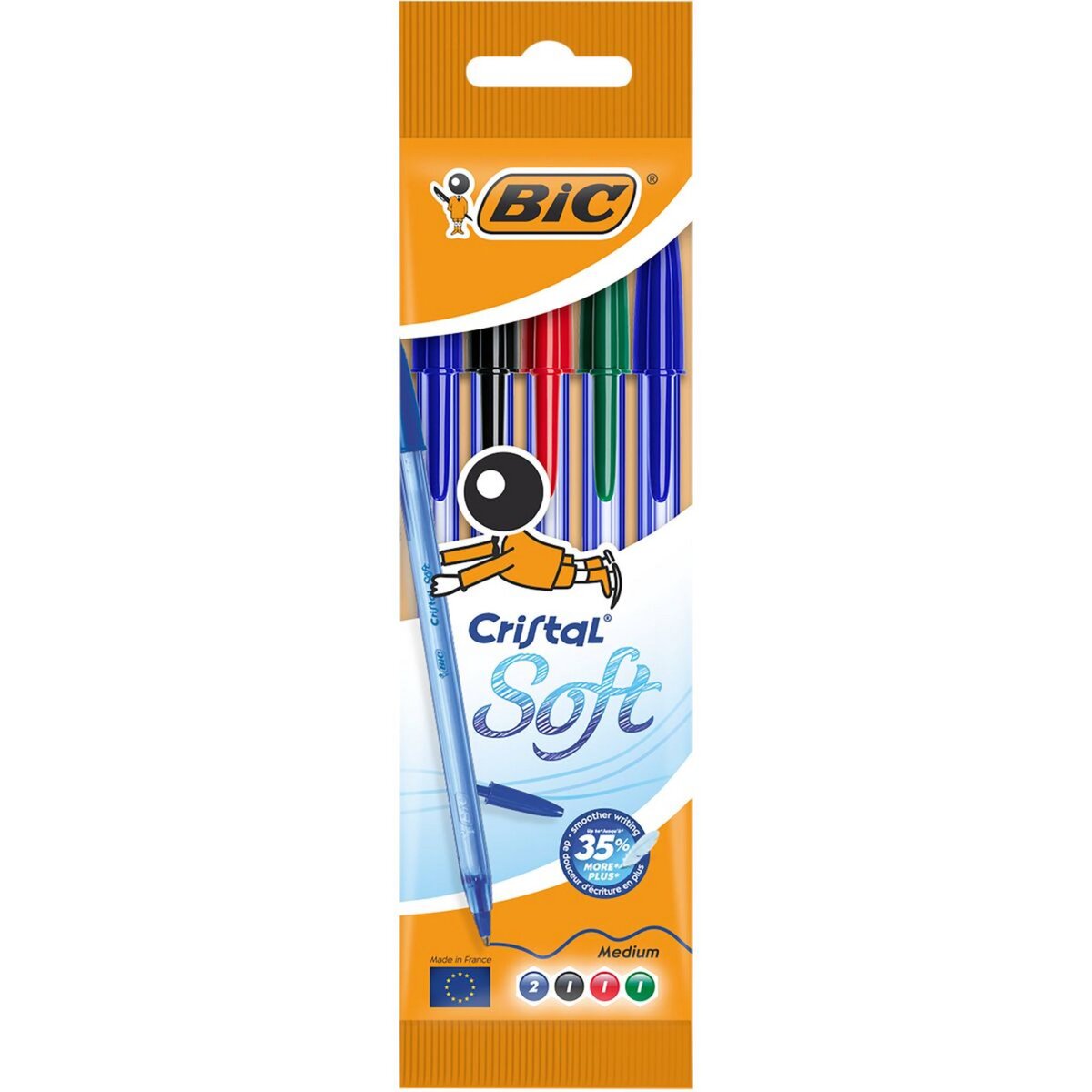 BIC Lot de 5 stylos bille pointe moyenne bleu/noir/rouge/vert CRISTAL SOFT