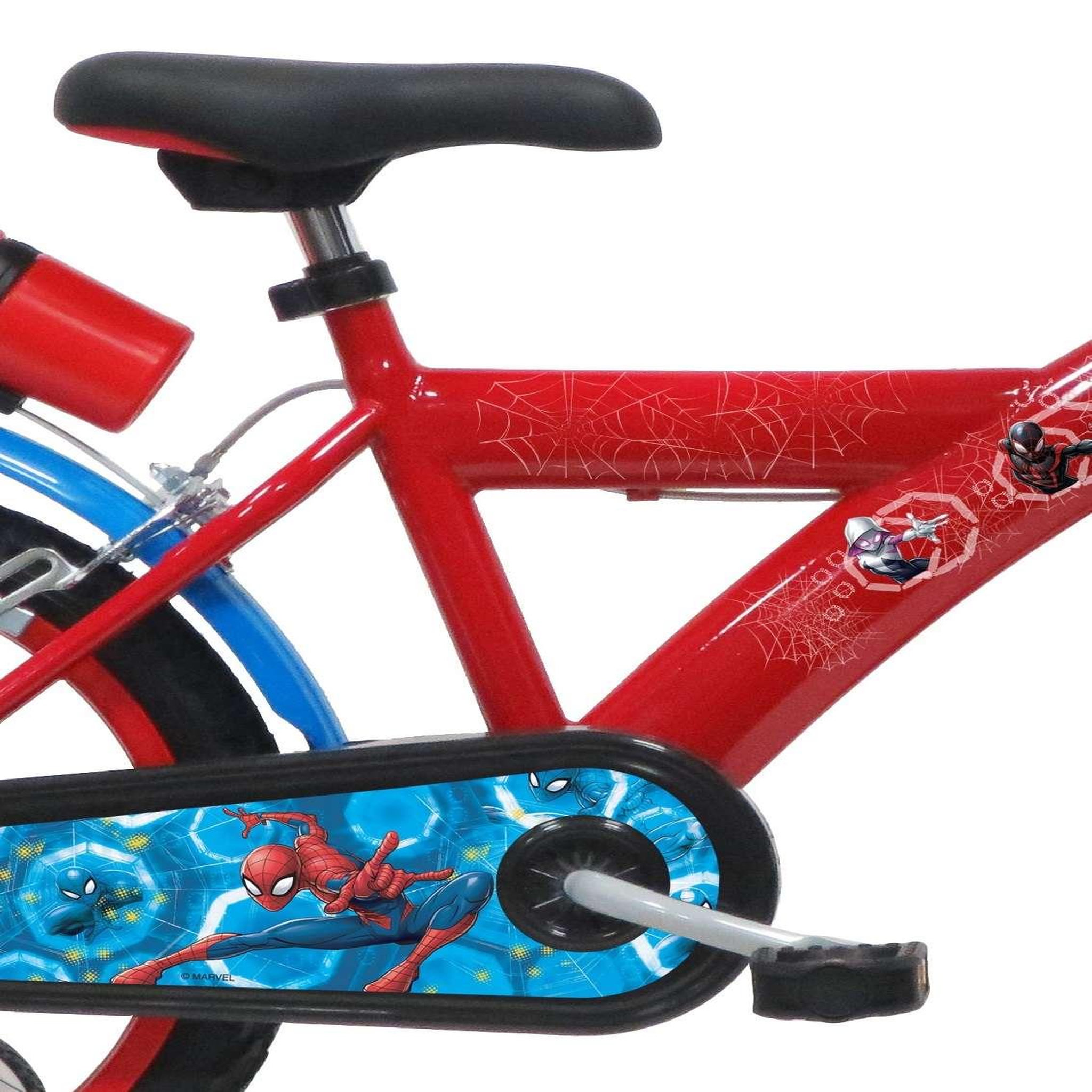 Voir la diapositive 3 : Marvel Vélo enfant 16''  - Modèle Spiderman pour enfant de 105 à 120 cm avec stabilisateurs - Plaque décorative avant - Bidon arrière - 2 freins et Pneus gonflables