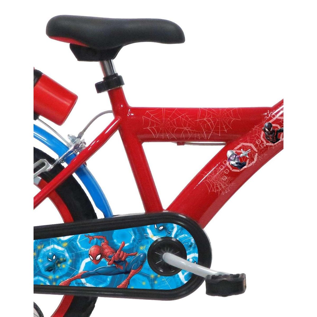 Marvel Vélo enfant 16''  - Modèle Spiderman pour enfant de 105 à 120 cm avec stabilisateurs - Plaque décorative avant - Bidon arrière - 2 freins et Pneus gonflables