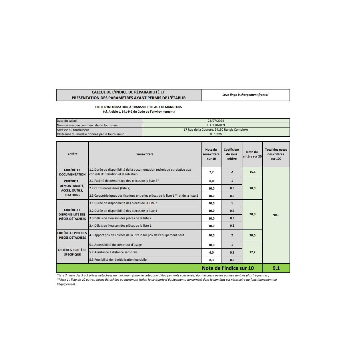 TELEFUNKEN Lave-linge hublot 9 kg 1000 tours/min blanc - TLL109W