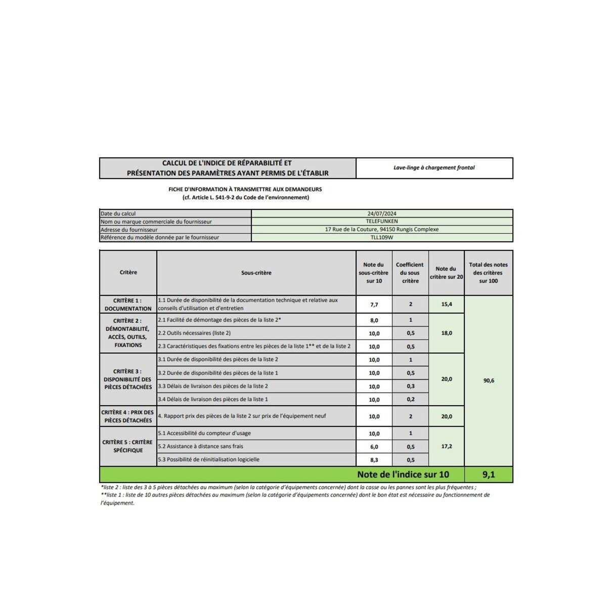 TELEFUNKEN Lave-linge frontal 9 kg 1000 tours/min blanc - TLL109W