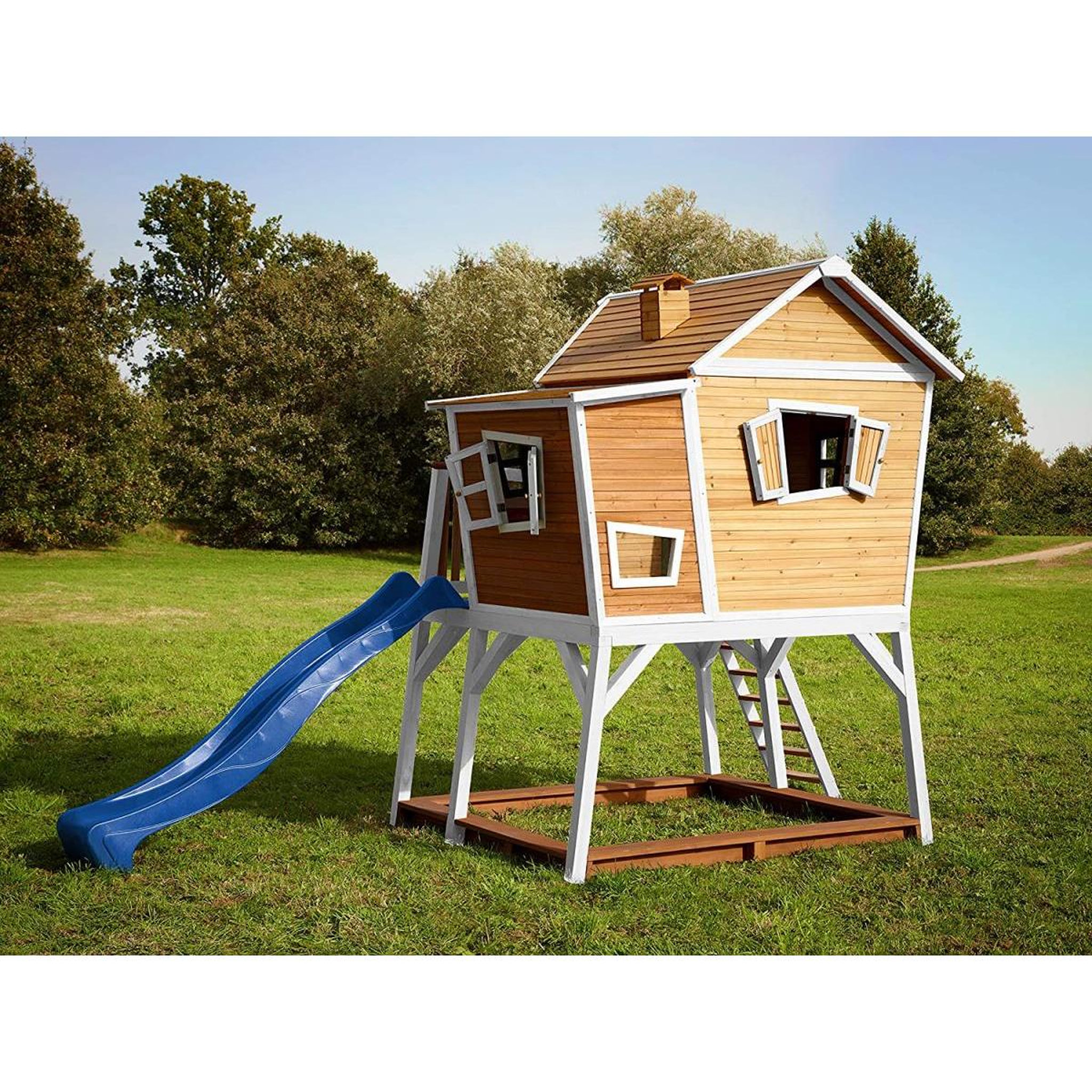 Voir la diapositive 4 : Axi House AXI Maisonnette MAX Brun Blanc avec toboggan Bleu et bac à sable