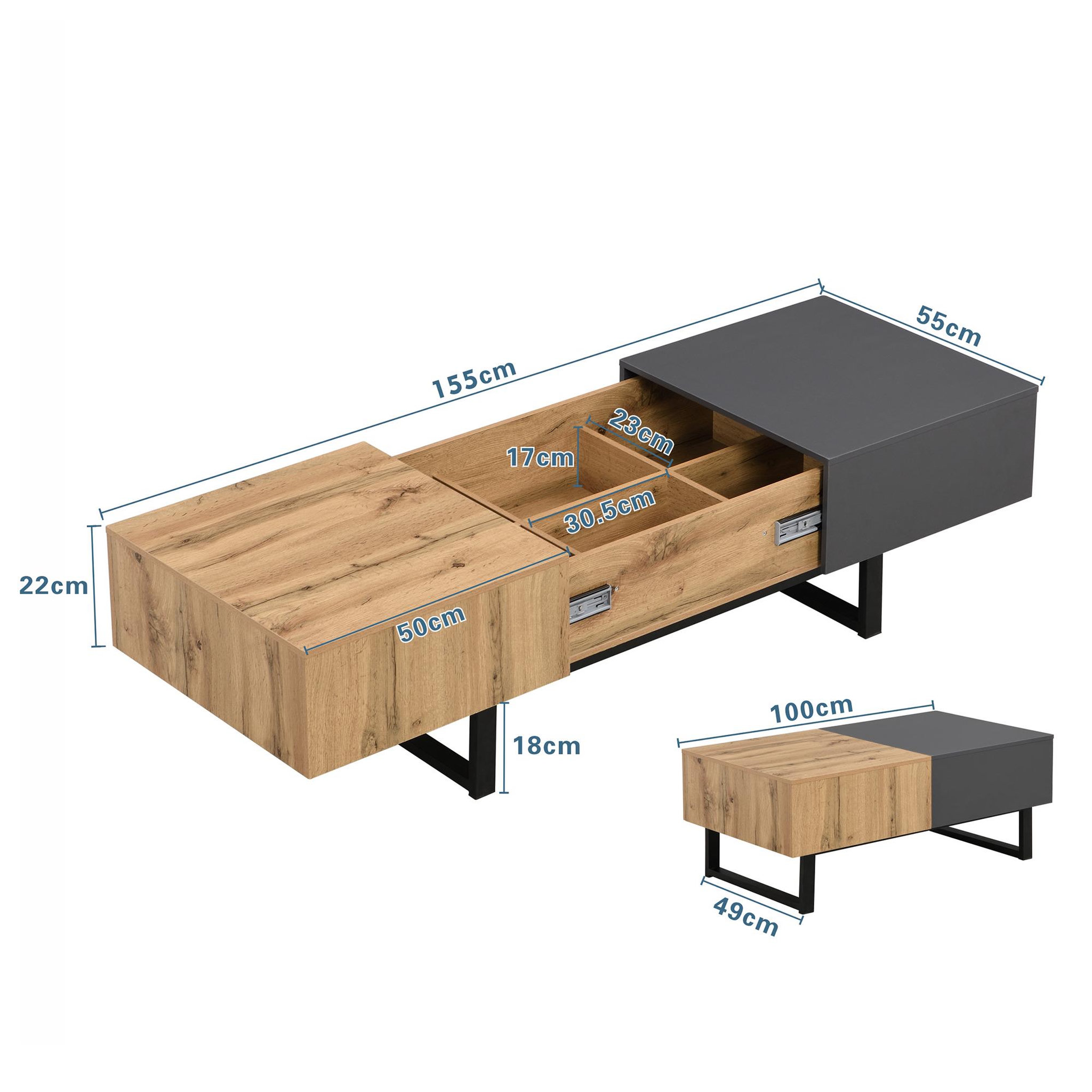 Voir la diapositive 4 : MERAX Table Basse Coulissante Avec Rangement Caché Style Industriel 155 X 55 X 22 Cm