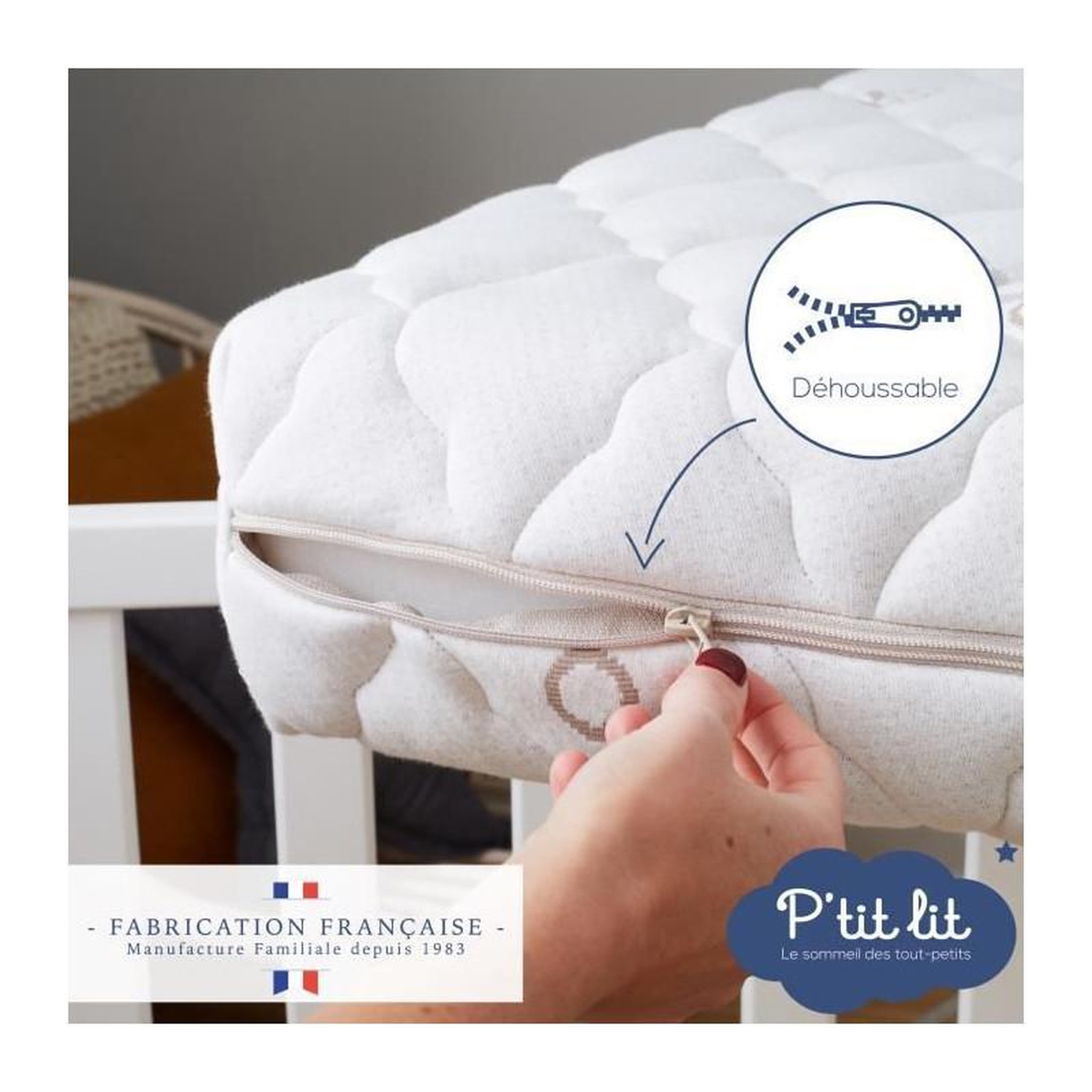 Voir la diapositive 4 : P'TIT LIT Matelas Bébé Coton Bio - 60x120x10 cm - 100% Coton - Déhoussable - Sans traitement chimique