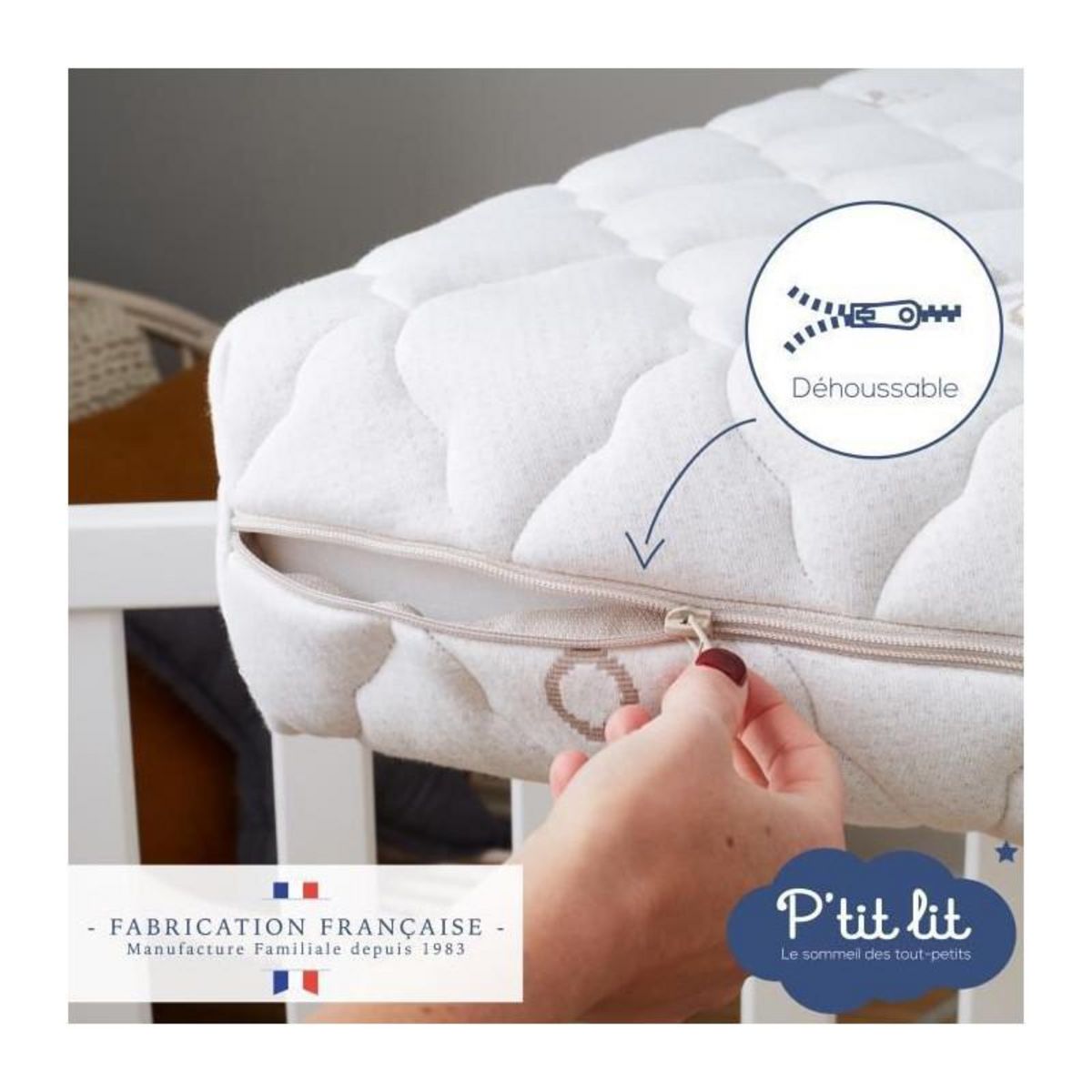 P'TIT LIT Matelas Bébé Coton Bio - 60x120x10 cm - 100% Coton - Déhoussable - Sans traitement chimique