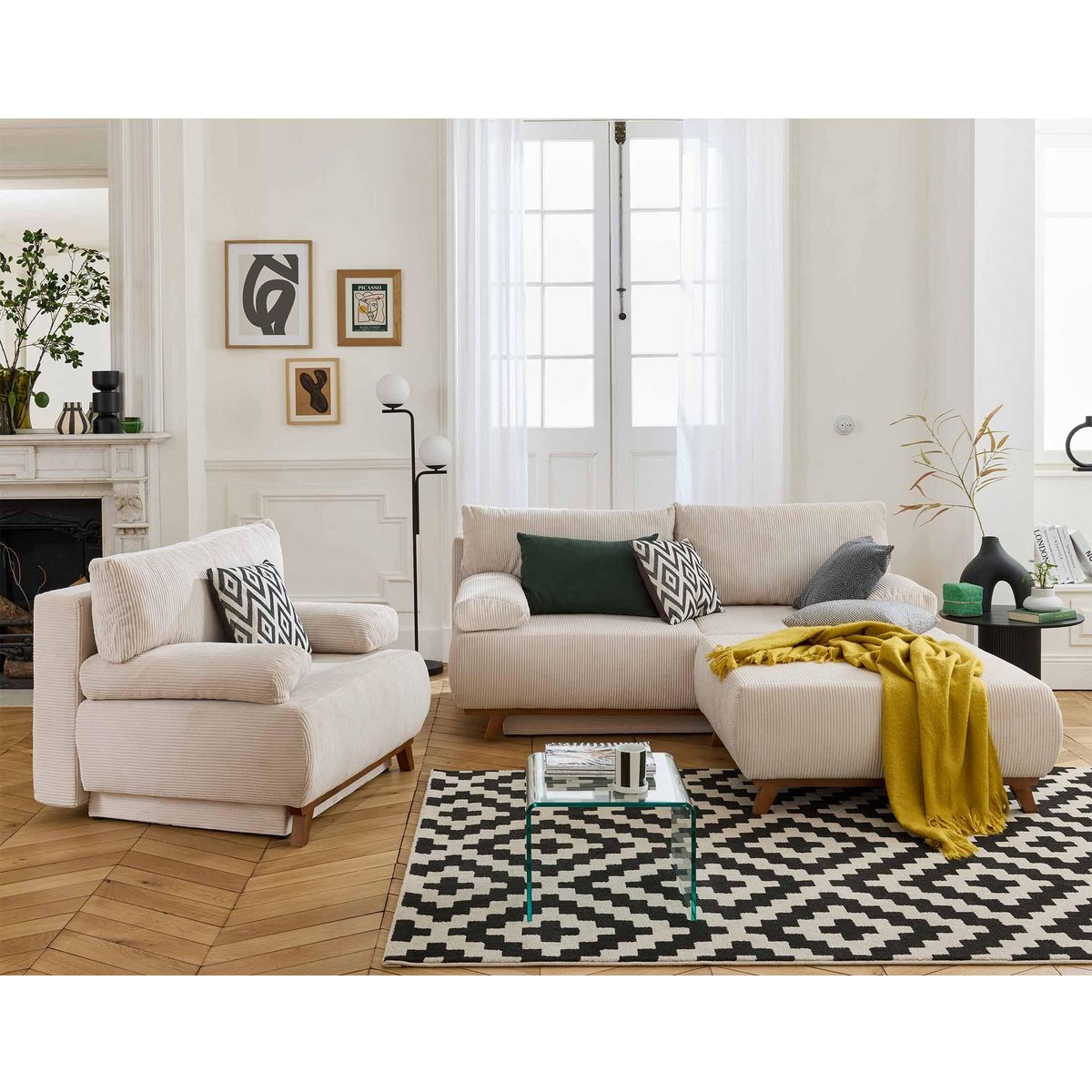 BEST MOBILIER Cristal - canapé 3 places - convertible avec coffre et grand pouf - en velours côtelé