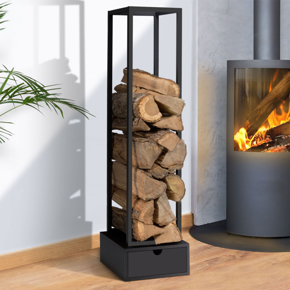 ID MARKET Range bûches vertical acier noir H. 125 CM avec tiroir pour cheminée