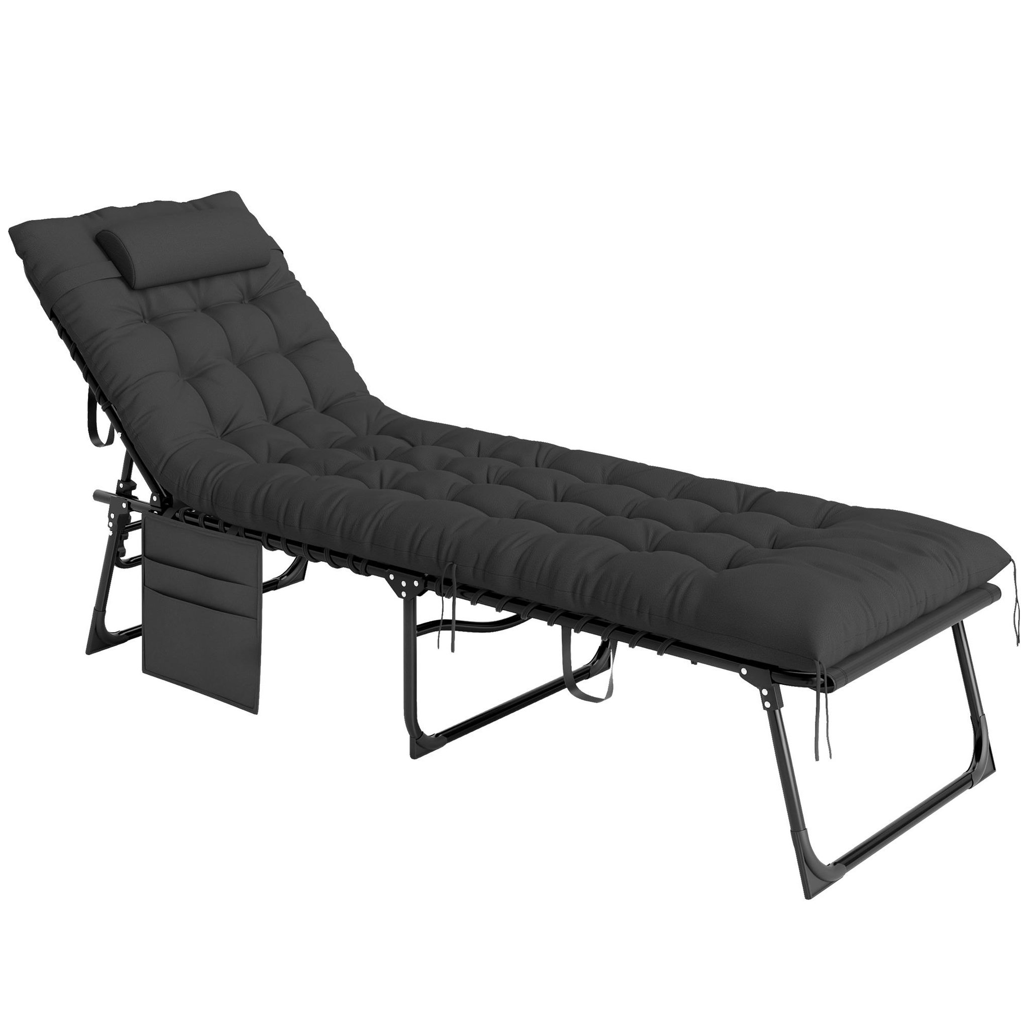 OUTSUNNY Bain de soleil transat pliable inclinable avec poignée, pochette rangement et matelas grand confort noir