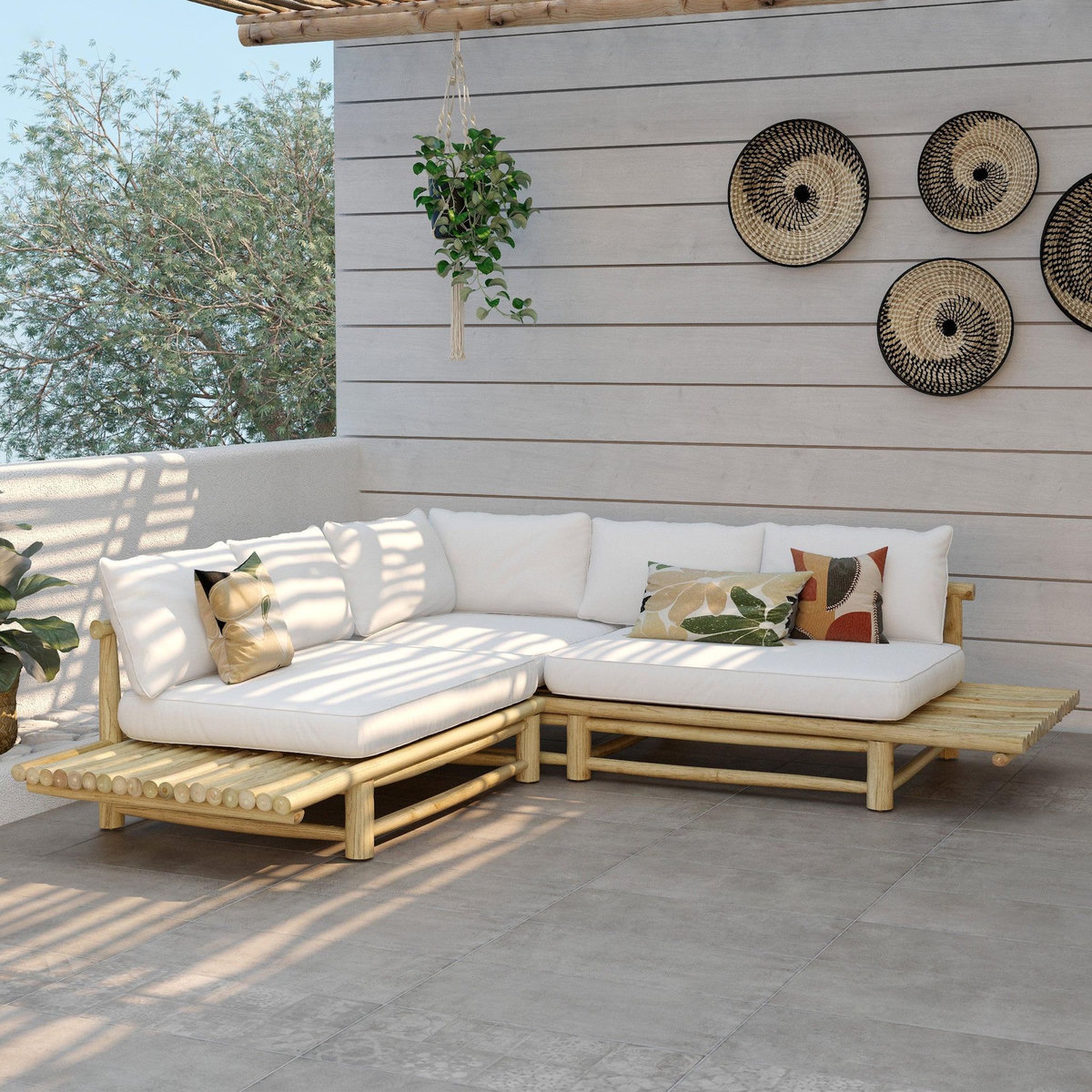 Rendez vous déco Canapé d'angle de jardin 4 places en teck et coussins blancs-Sunny