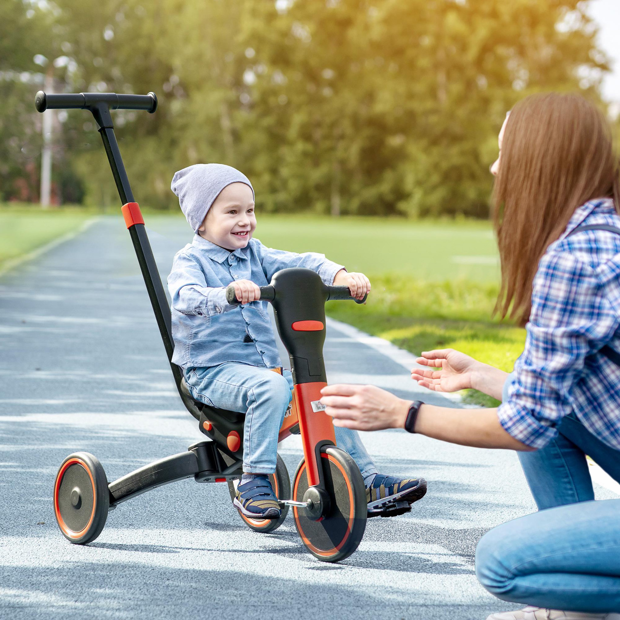 Voir la diapositive 2 : HOMCOM Tricycle enfant évolutif 4 en 1 - tricycle à pousser, tricycle simple, draisienne, vélo - canne  télescopique - guidon pliable - alu. rouge PP noir