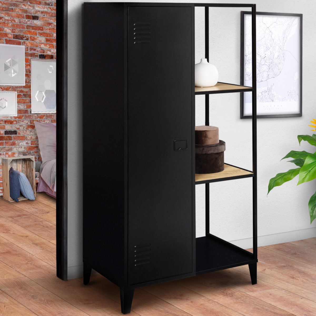 ID MARKET Armoire-étagère penderie ESTER 1 porte métal noir et bois design industriel