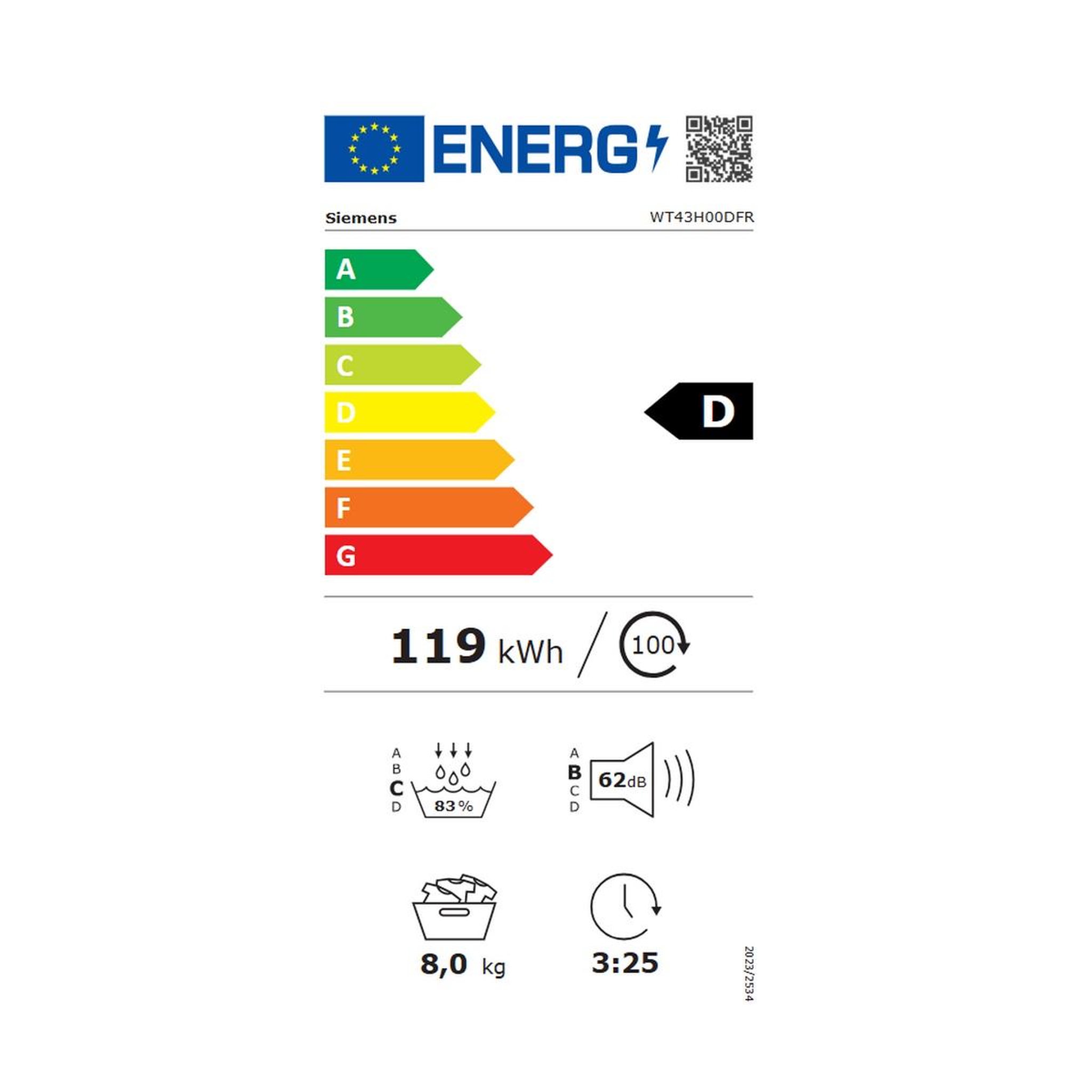 Voir la diapositive 2 : Siemens Sèche-linge pompe à chaleur à condensation 60cm 8kg blanc - wt43h00dfr