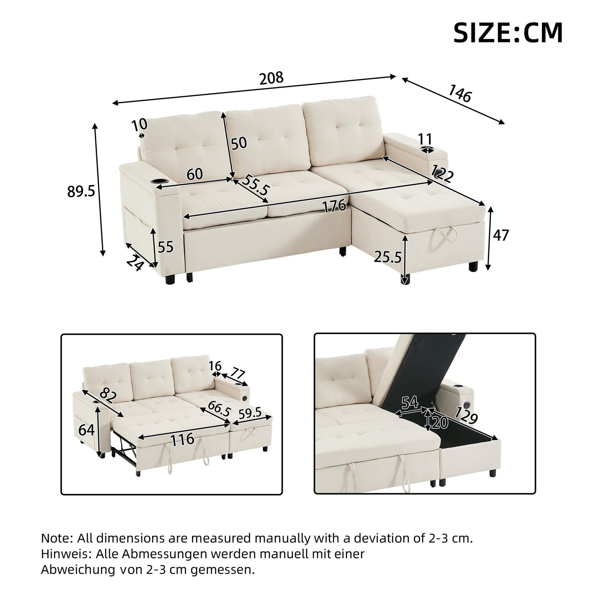 Voir la diapositive 3 : MERAX Canapé d'angle droit convertible 3 places tissu coffre de rangement