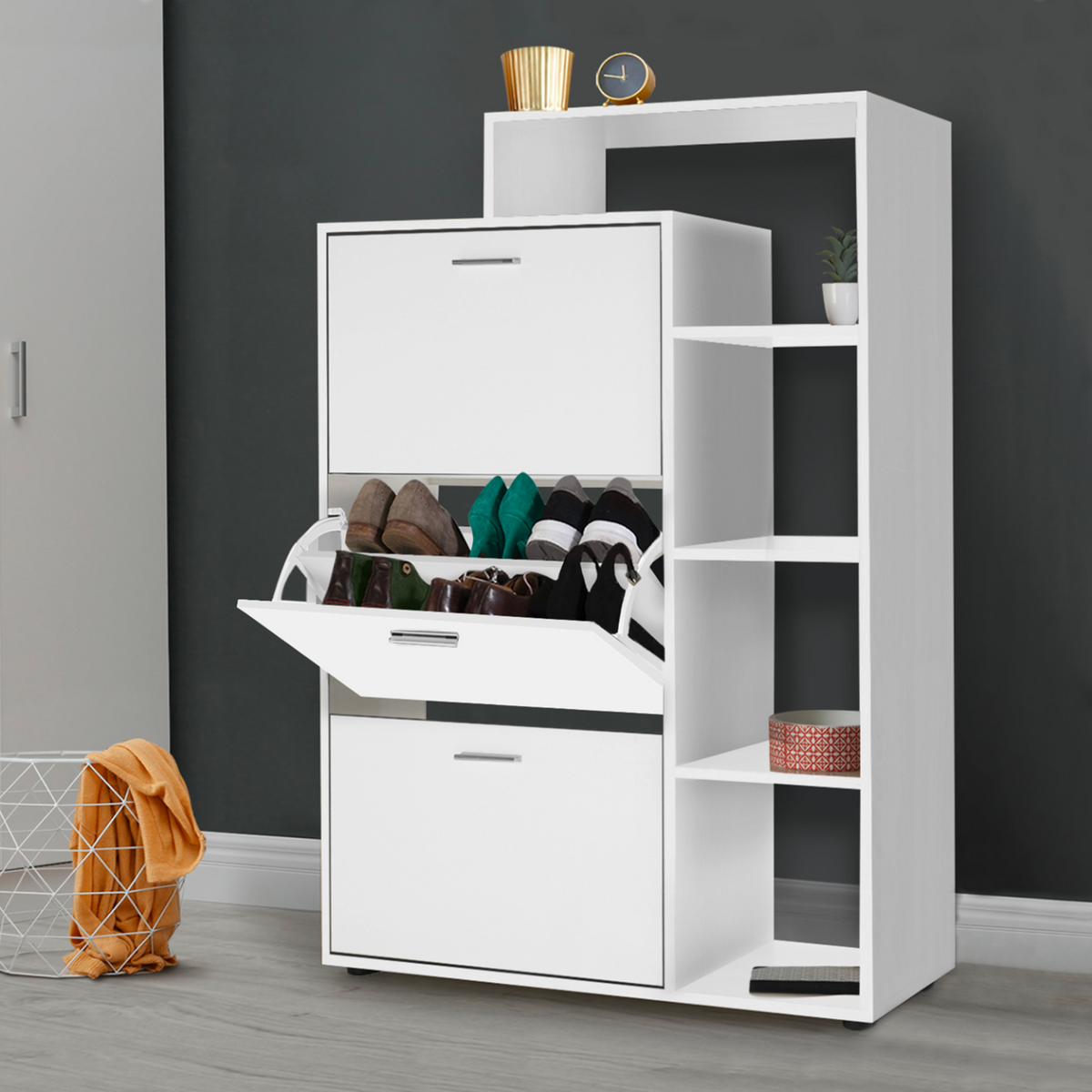 ID MARKET Meuble à chaussures 18 paires KLARK 3 portes avec étagère blanc