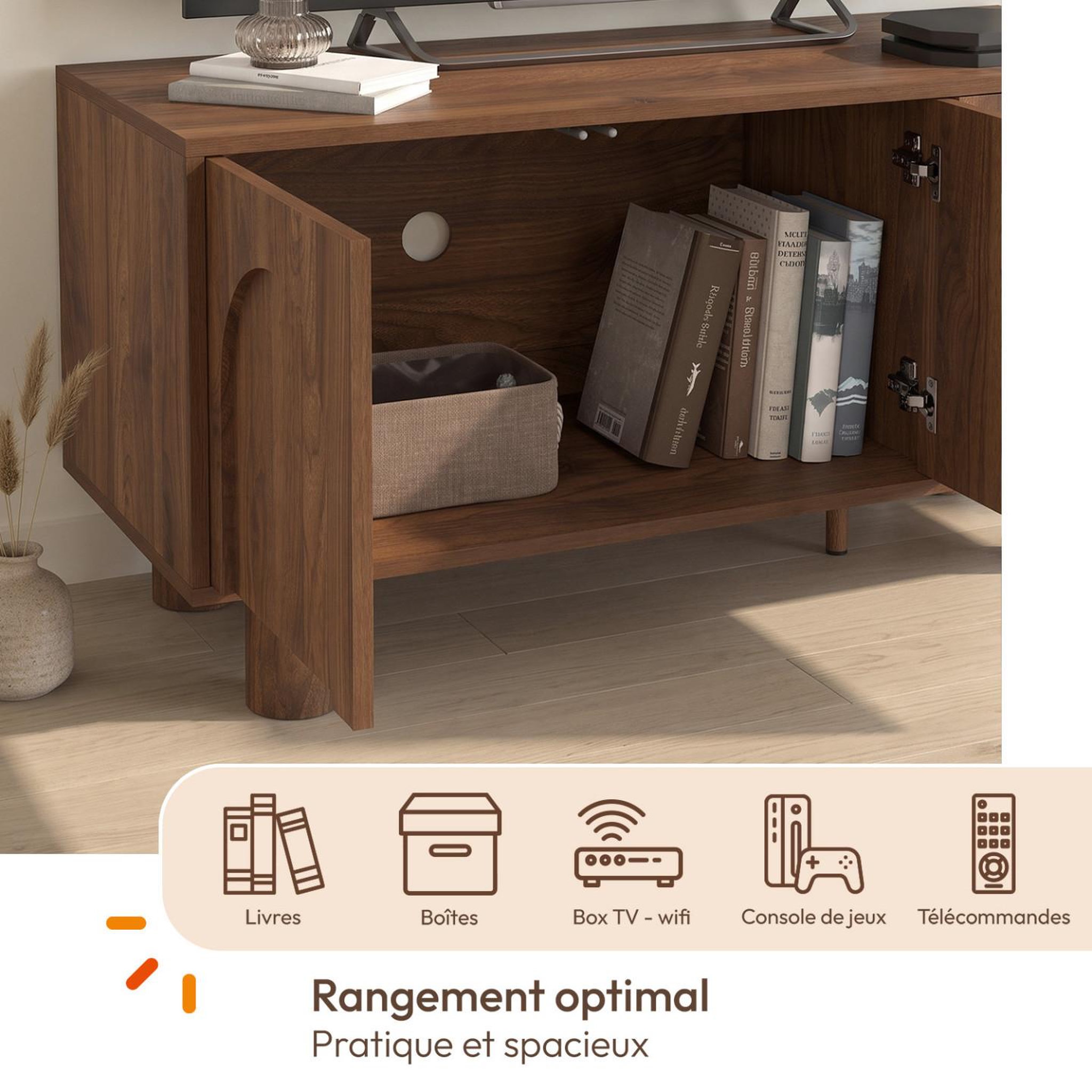 Voir la diapositive 4 : ID MARKET Meuble TV 140 cm ARCHIE 4 portes effet noyer