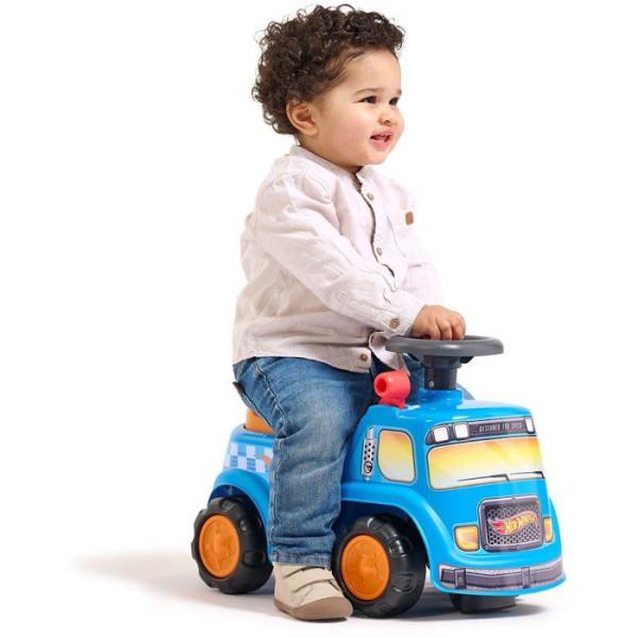 Voir la diapositive 2 : FALK Porteur trotteur  - falk - camion hot wheels - assise ouvrante - volant avec klaxon - plaque personnalisable - des 12 mois