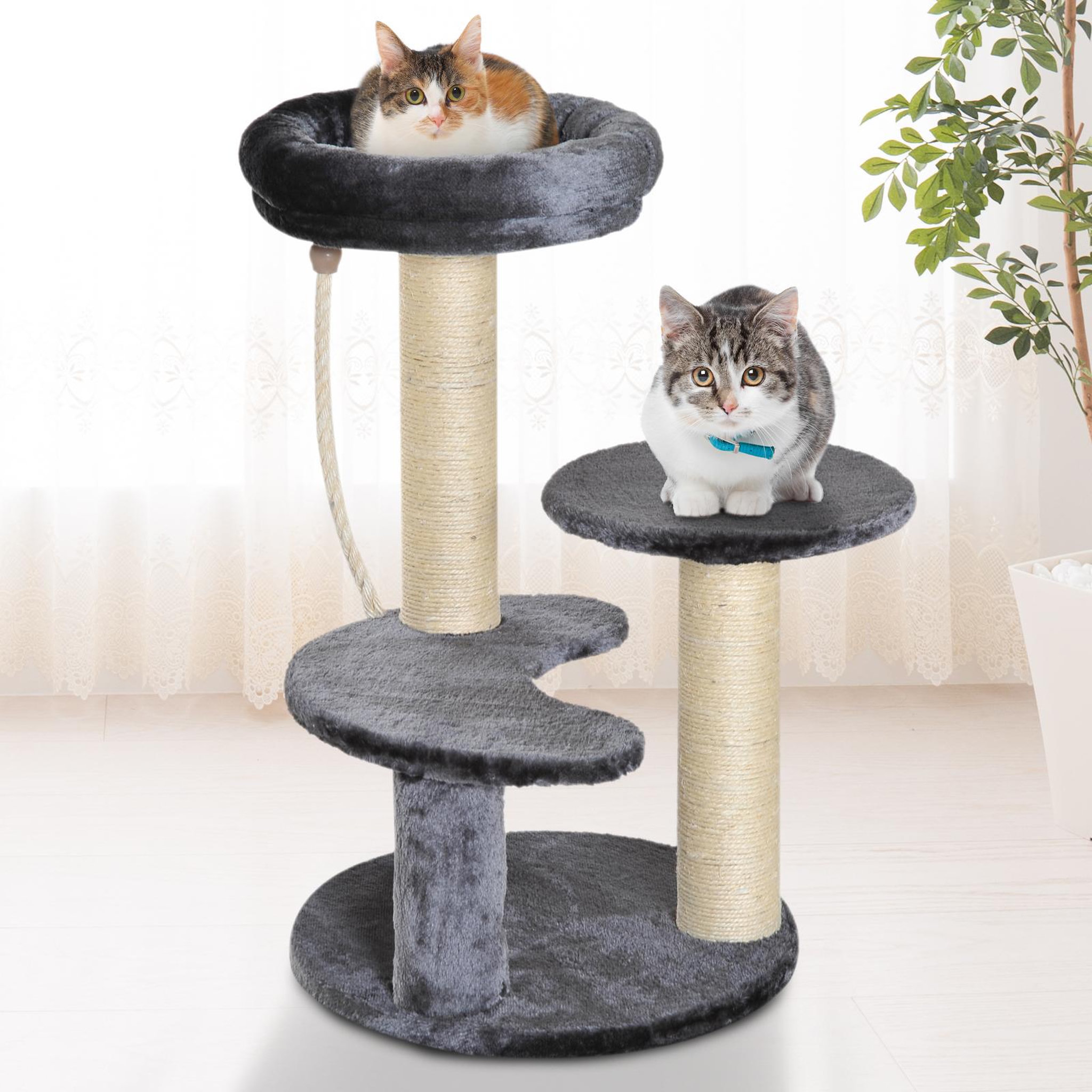 Voir la diapositive 2 : PAWHUT Arbre à chats 2 griffoirs grattoirs sisal naturel 3 plateformes corde à grimper dim. Ø 40 x 65h cm peluche haute densité 500 g/m² gris