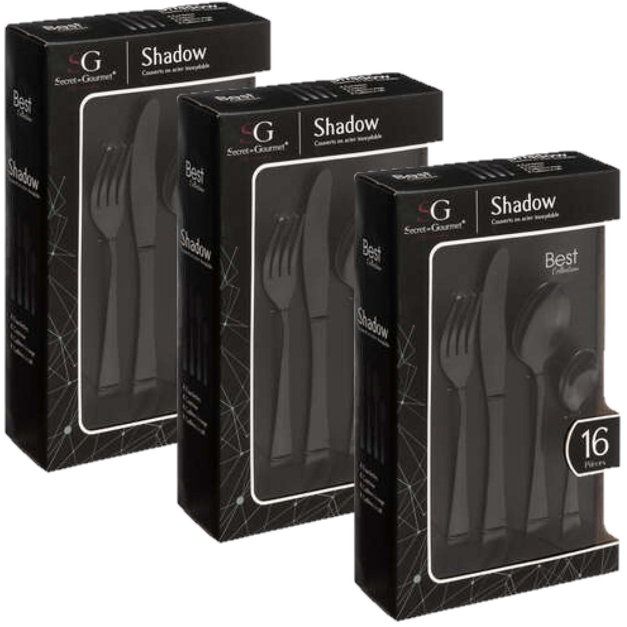 TOILINUX Lot de 3 Ménagères Shadow en Acier Inoxydable - 48 Couverts - Noir