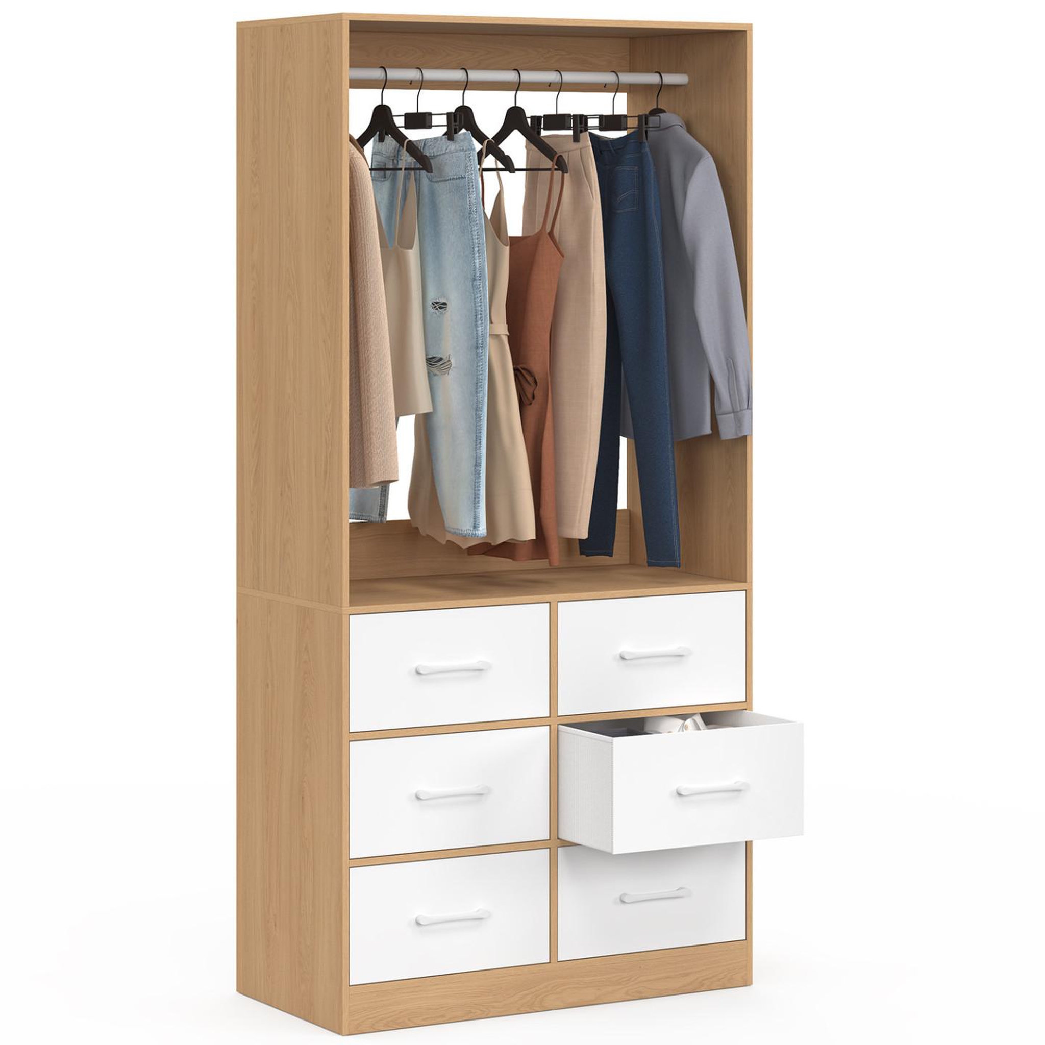 ID MARKET Dressing penderie l. 80 cm uppah avec 6 tiroirs bois façon hêtre et blanc