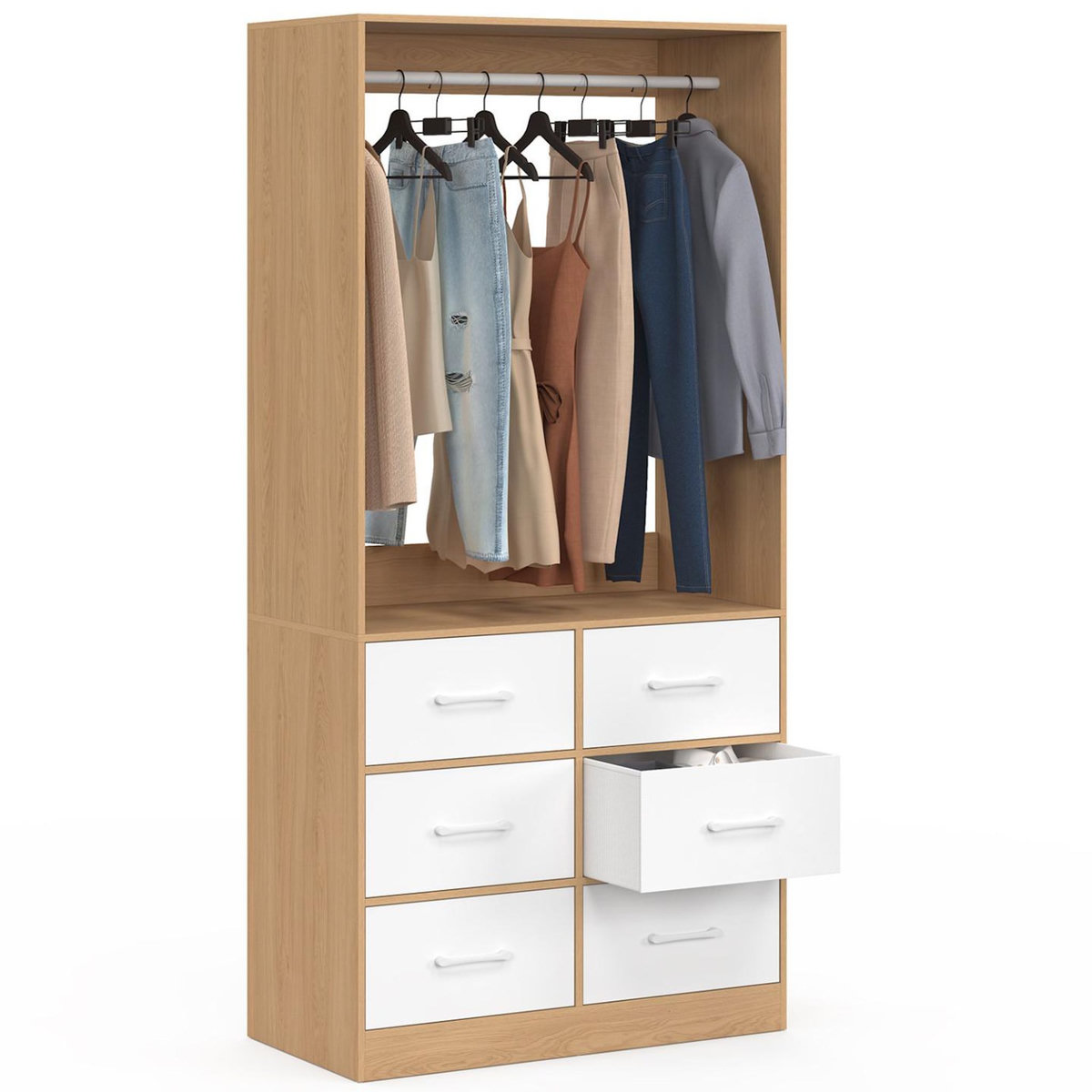 ID MARKET Dressing penderie L. 80 cm UPPAH avec 6 tiroirs bois façon hêtre et blanc