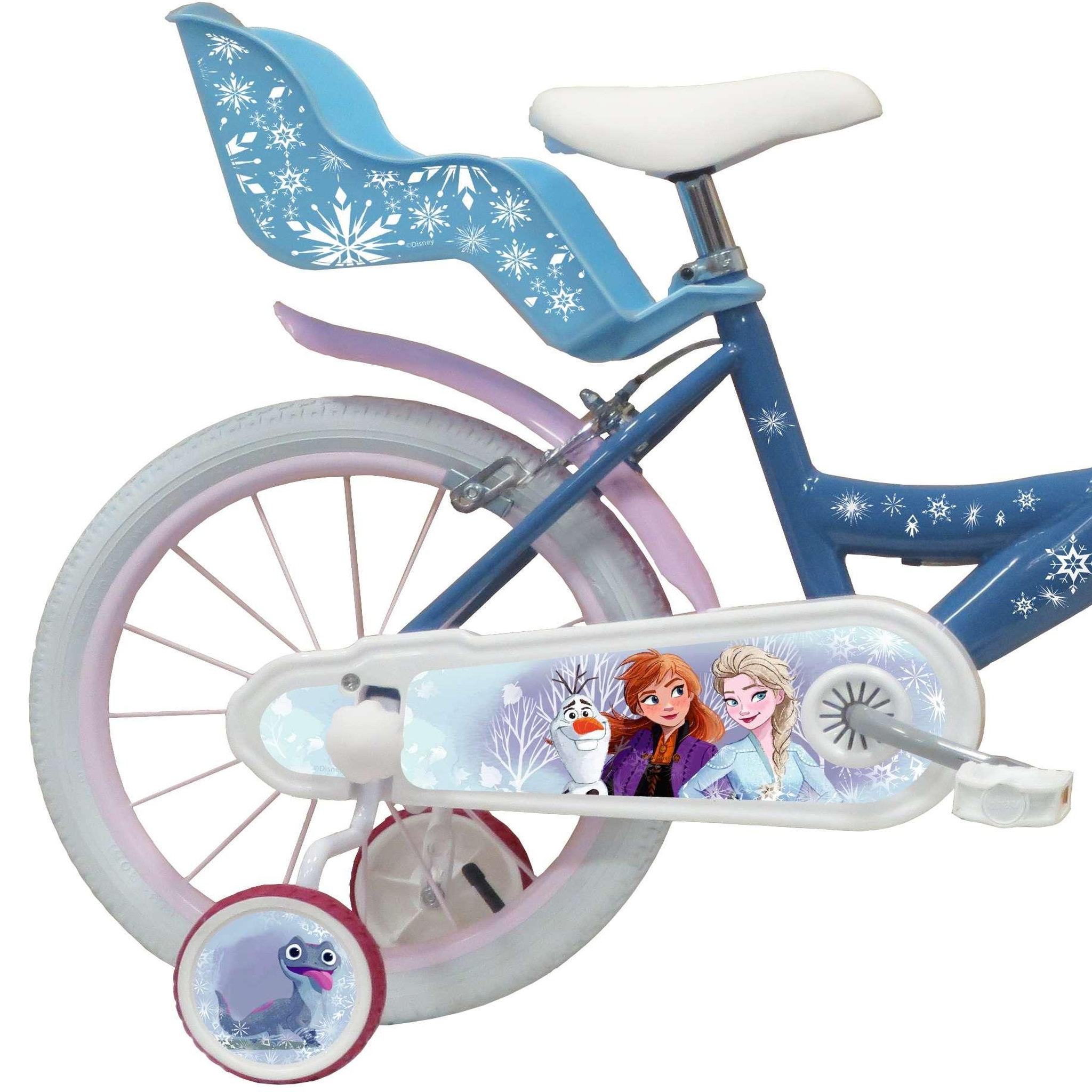 Voir la diapositive 2 : Disney La Reine des Neiges Vélo enfant 16'' Fille - Modèle Reine des neiges pour taille de 105 à 120 cm - Stabilisateurs - Panier avant - Porte poupée arrière - 2 freins & Pneus gonflables