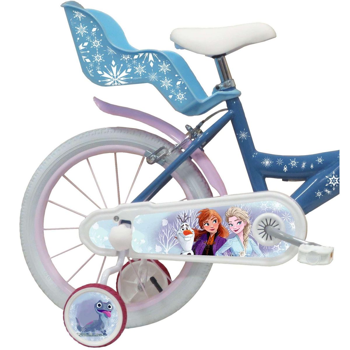 Disney La Reine des Neiges Vélo enfant 16'' Fille - Modèle Reine des neiges pour taille de 105 à 120 cm - Stabilisateurs - Panier avant - Porte poupée arrière - 2 freins & Pneus gonflables