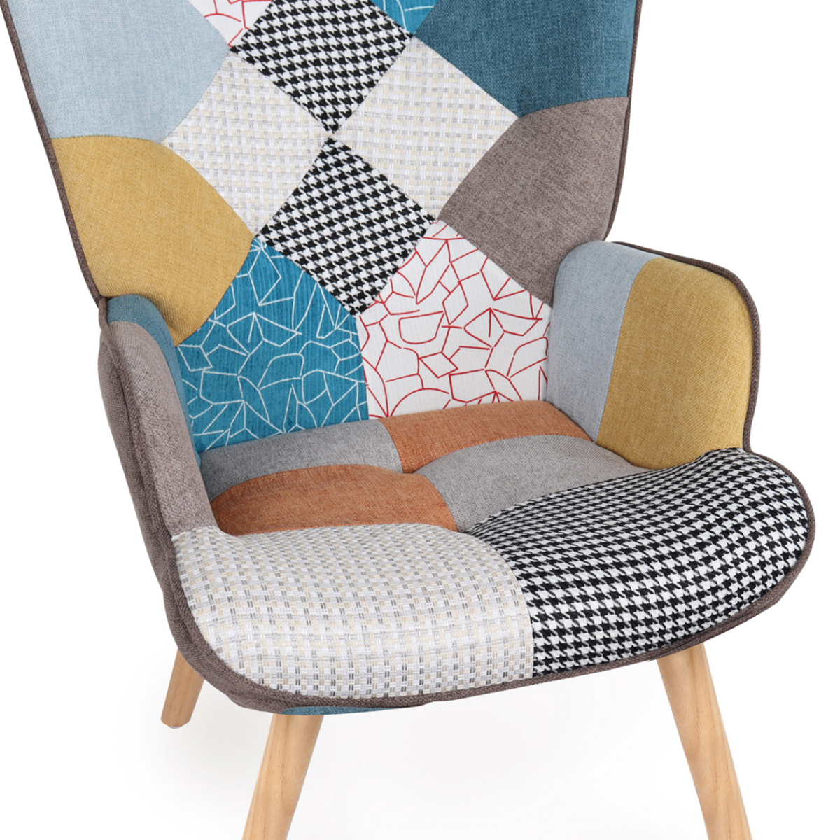 ID MARKET Fauteuil scandinave IVAR avec repose pieds en tissu patchwork multicouleurs