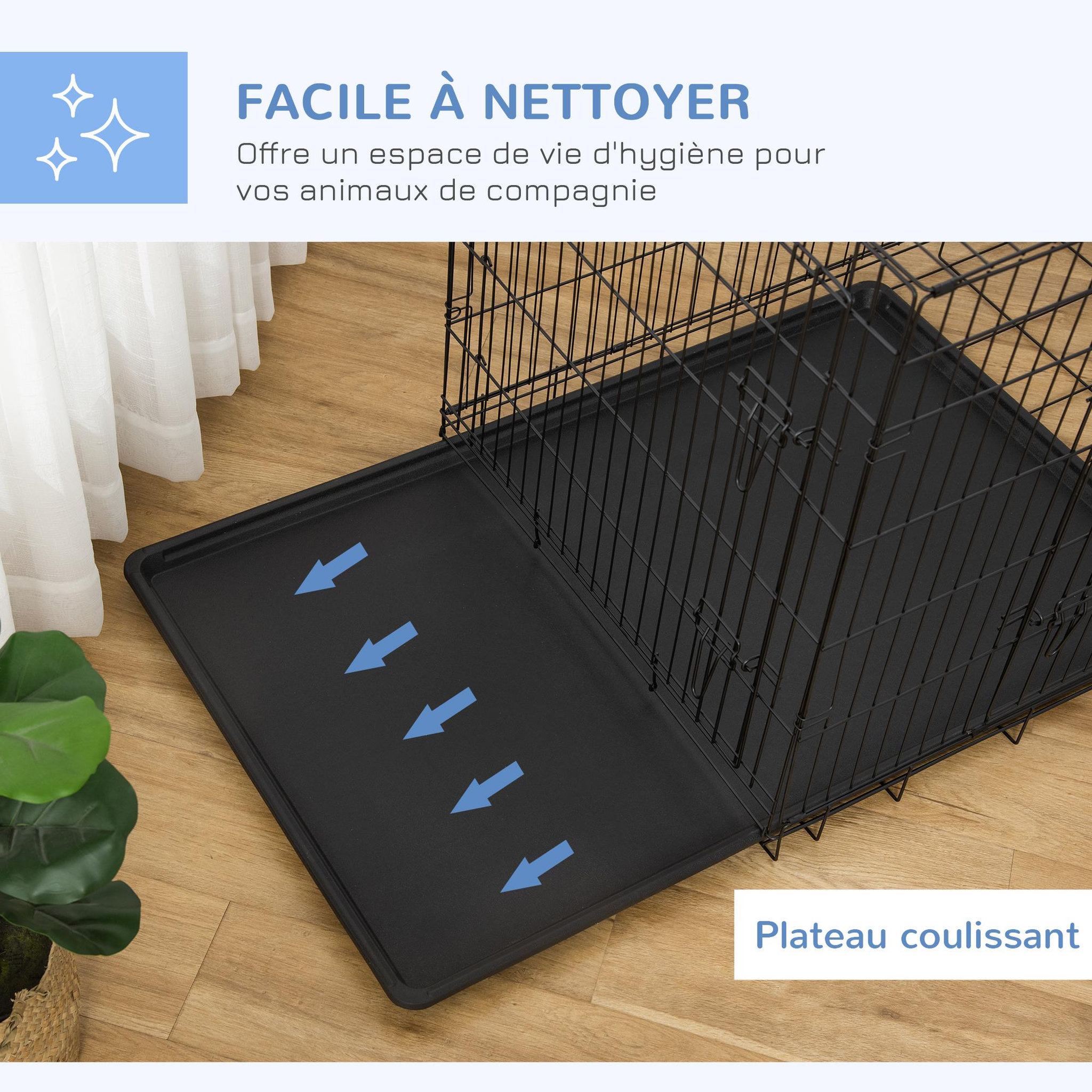 Voir la diapositive 6 : PAWHUT Cage de transport pour chien pliable - 2 portes verrouillables - plateau amovible - dim. 121l x 77l x 82h cm - acier abs noir
