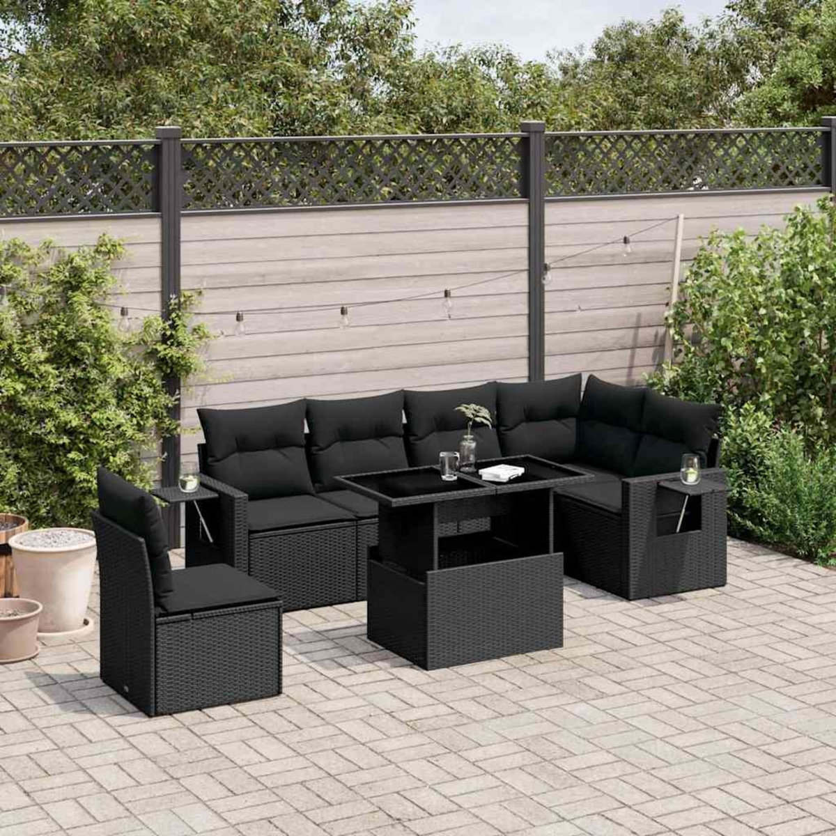 VIDAXL Salon de jardin 7 pcs avec coussins noir resine tressee