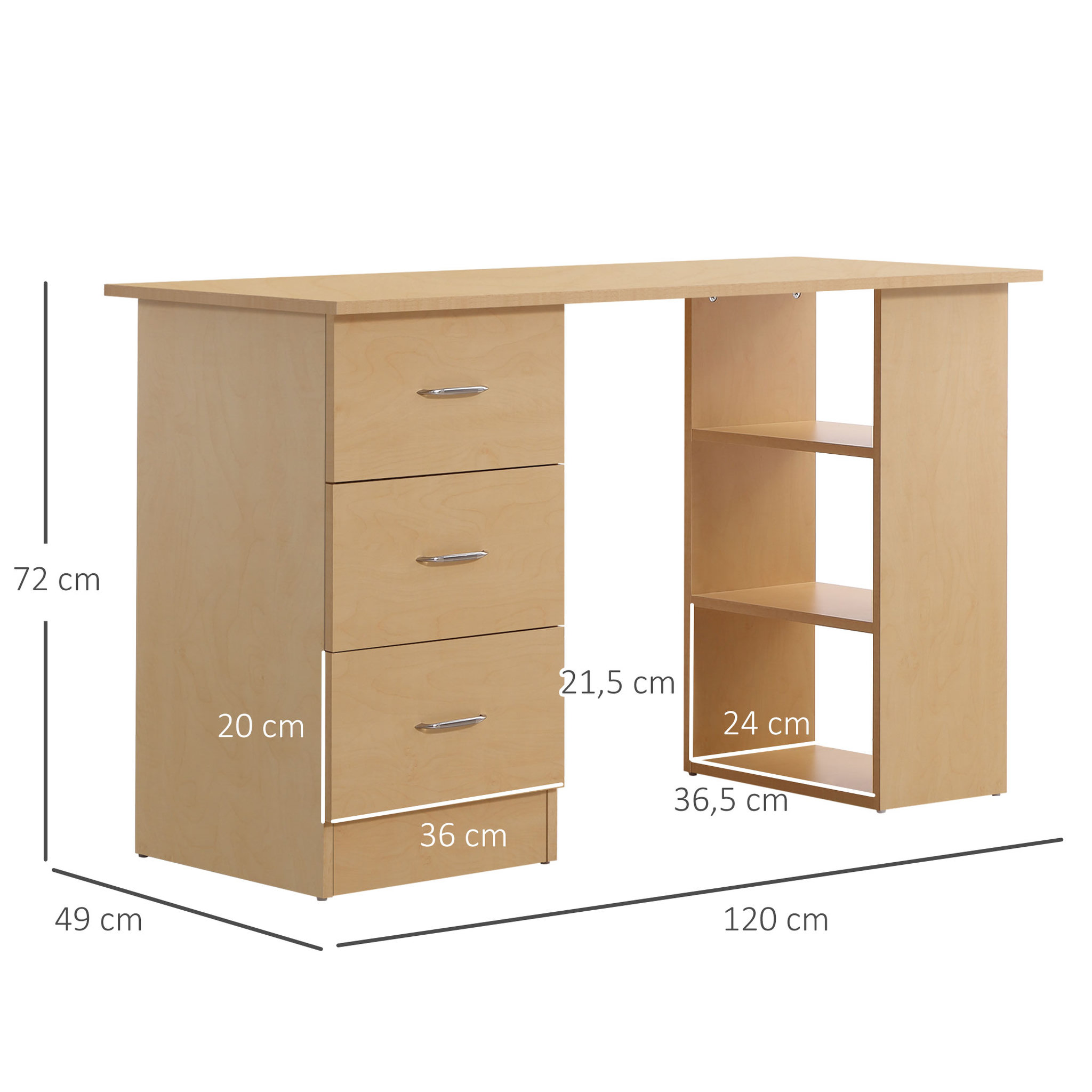 Voir la diapositive 3 : HOMCOM Bureau informatique table multi-fonctions 3 tiroirs 2 étagères dim. 120L x 49l x 72H cm MDF aspect bois clair