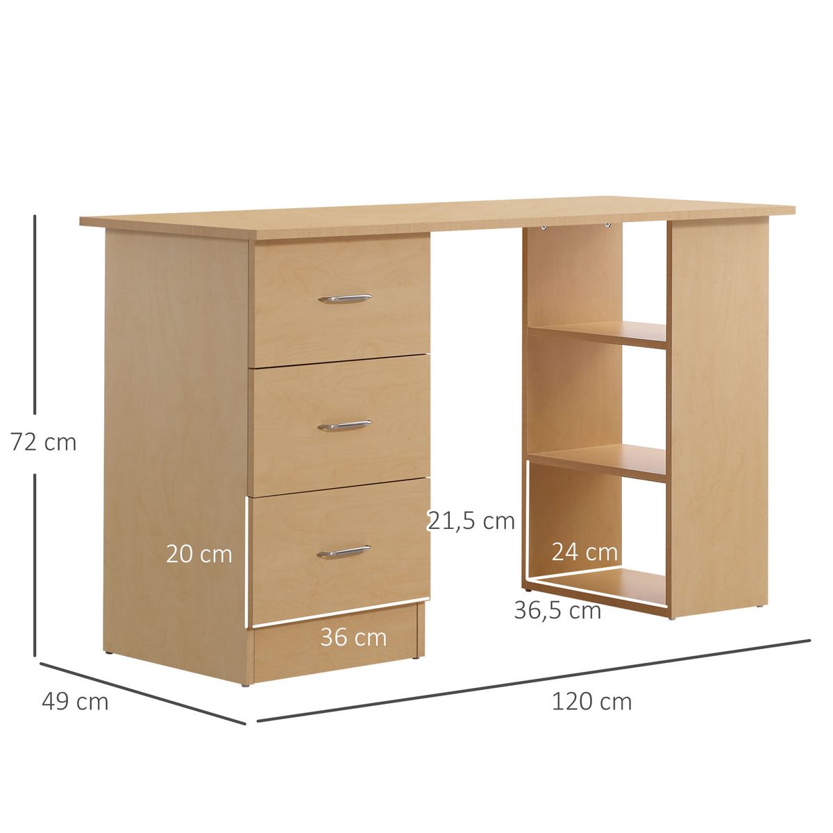 HOMCOM Bureau informatique table multi-fonctions 3 tiroirs 2 étagères dim. 120L x 49l x 72H cm MDF aspect bois clair