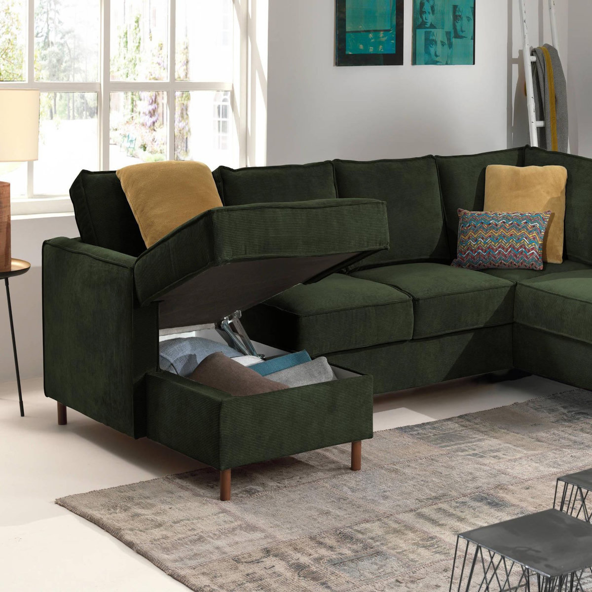 LISA DESIGN Jake - canapé panoramique d'angle droit - convertible avec coffre - 7 places - en velours côtelé