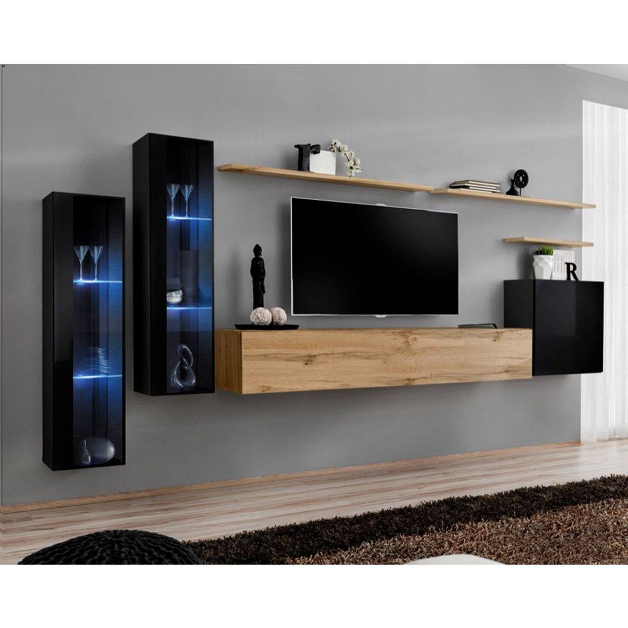 Paris Prix Meuble tv mural design  switch xi  330cm noir & naturel
