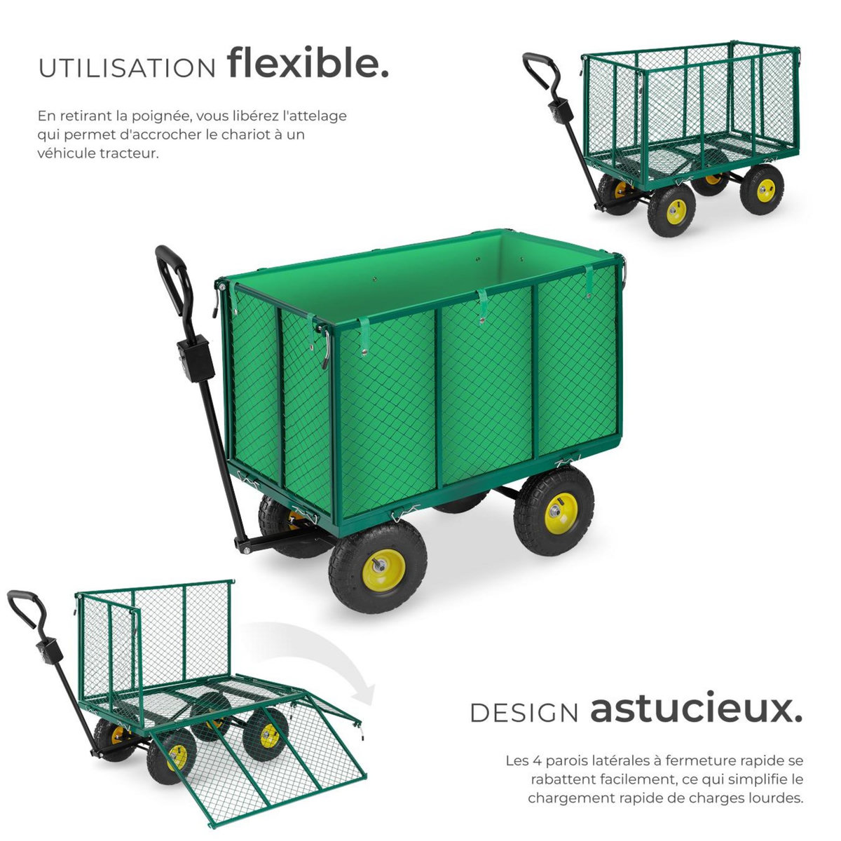 tectake Chariot de jardin et de transport avec des parois latérales rabattables vert