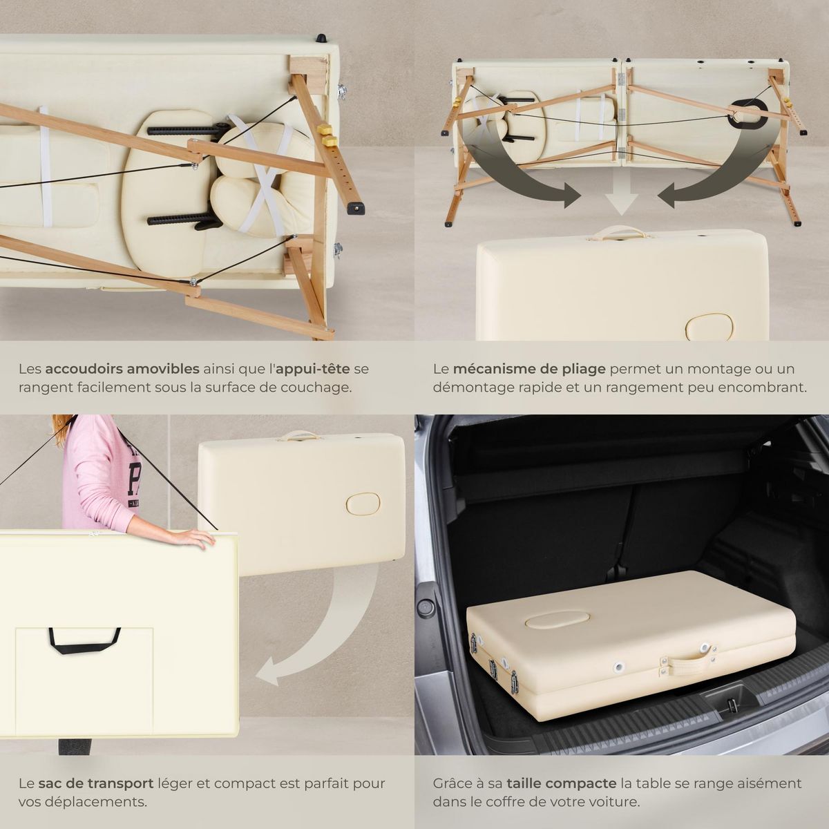 tectake Table de massage portable pliante 2 zones largeur 61 cm et rembourrage 5 cm beige