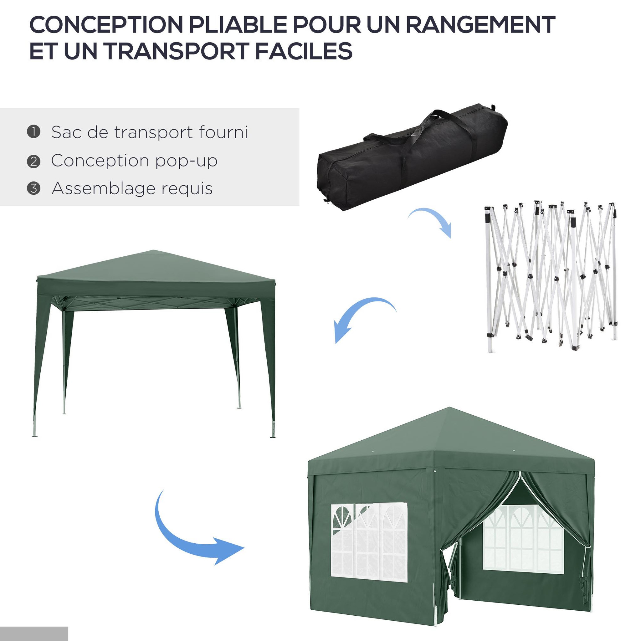 Voir la diapositive 5 : OUTSUNNY Tonnelle barnum pop-up pliant dim. 3L x 3l x 2,58H m 2 fenêtres sac transport acier Oxford vert