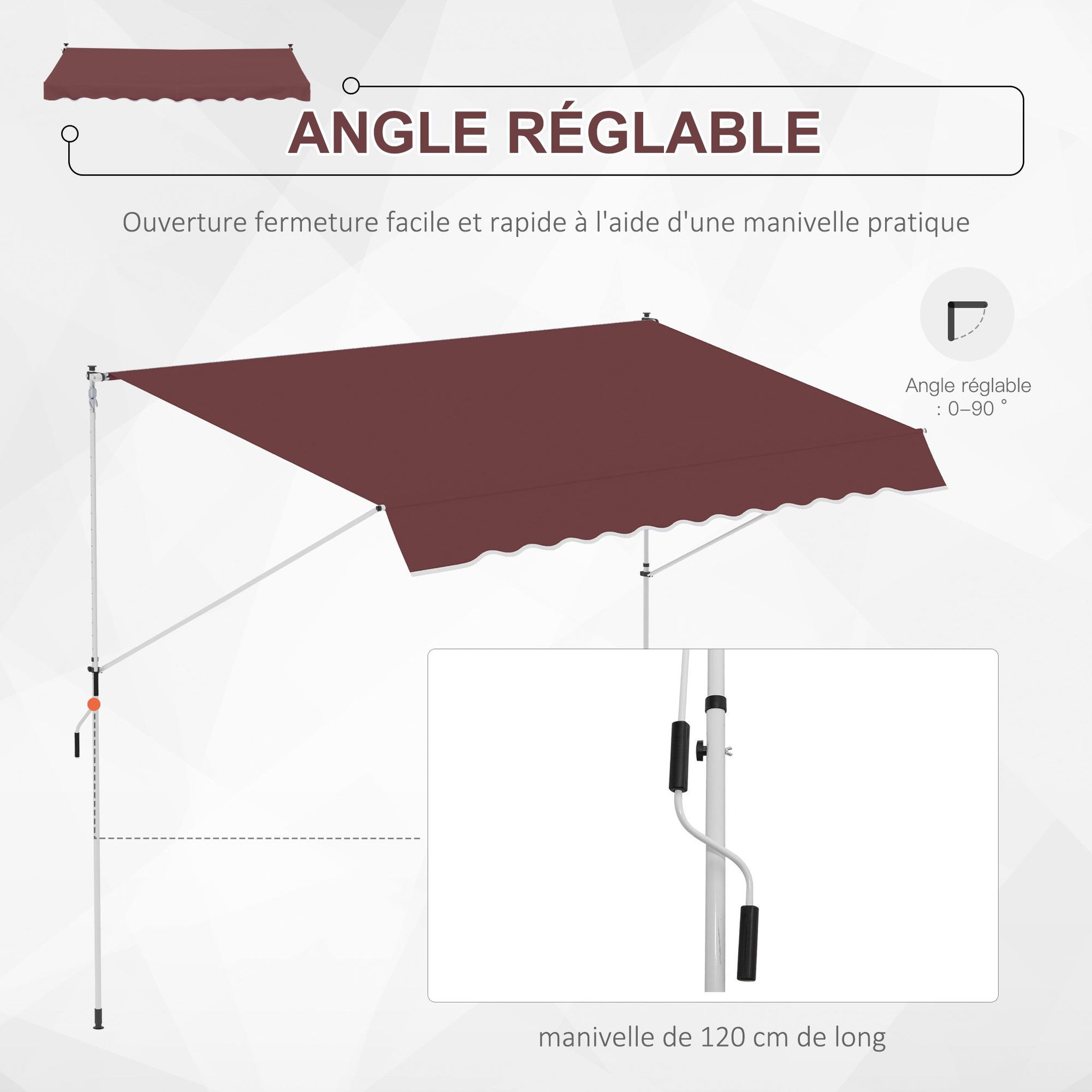 Voir la diapositive 6 : OUTSUNNY Store banne manuel rétractable 3L x 1,5l m inclinaison et hauteur réglable installation rapide métal alu polyester anti-UV bordeaux