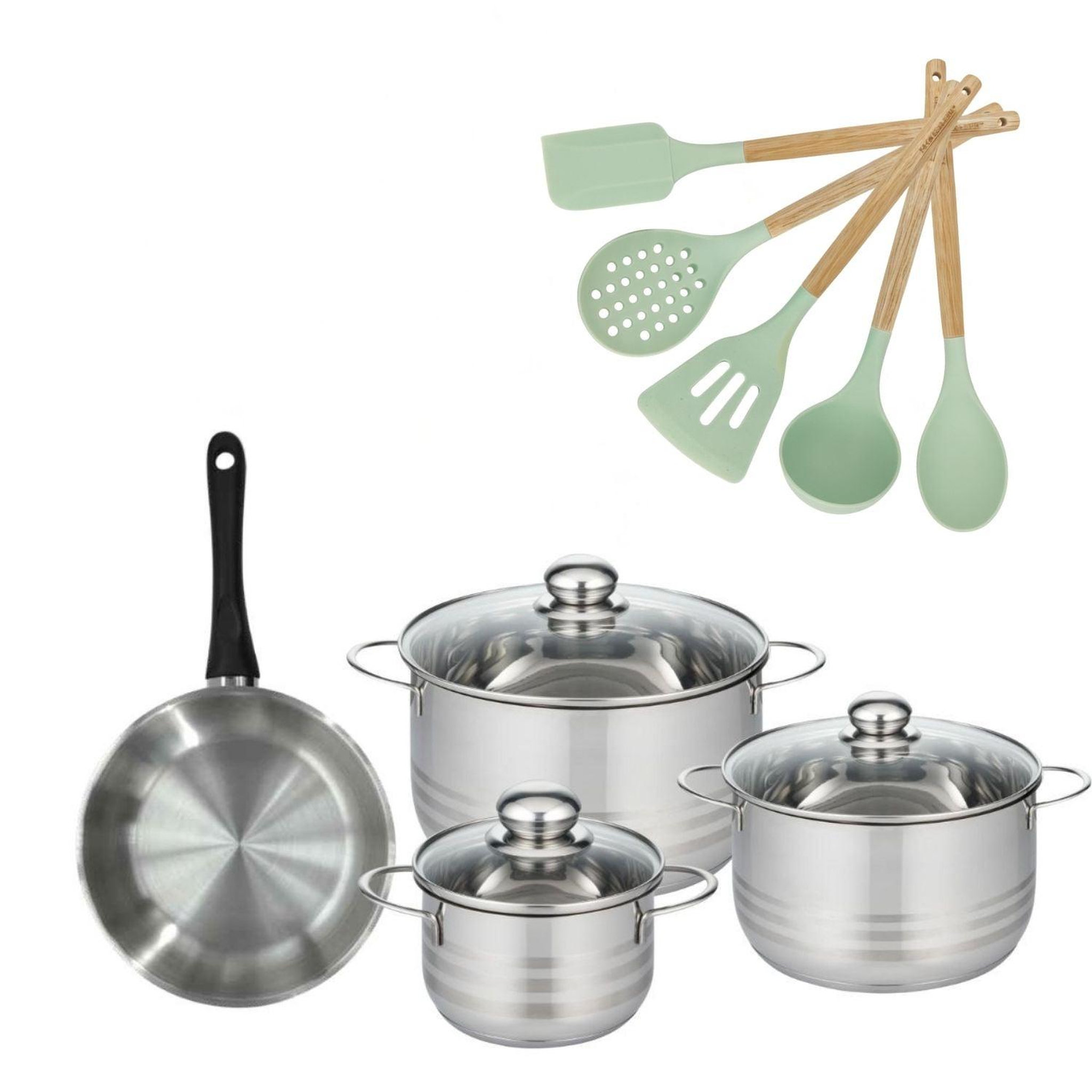 Fackelmann Batterie de cuisine avec 3 faitouts 16/20/24 cm et 1 poêle 20 cm avec 5 ustensiles de cuisine fackelmann généva brillant ocean