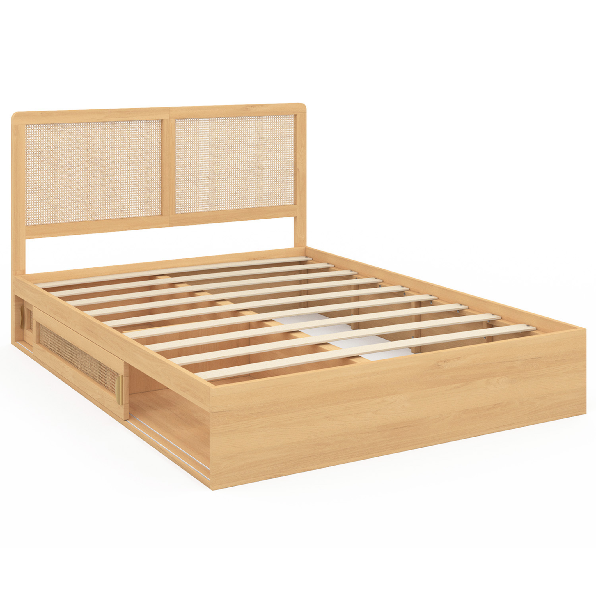 Voir la diapositive 3 : ID MARKET Lit double edhen avec rangements + tête de lit effet cannage naturel et sommier 140 x 190 cm coloris bois