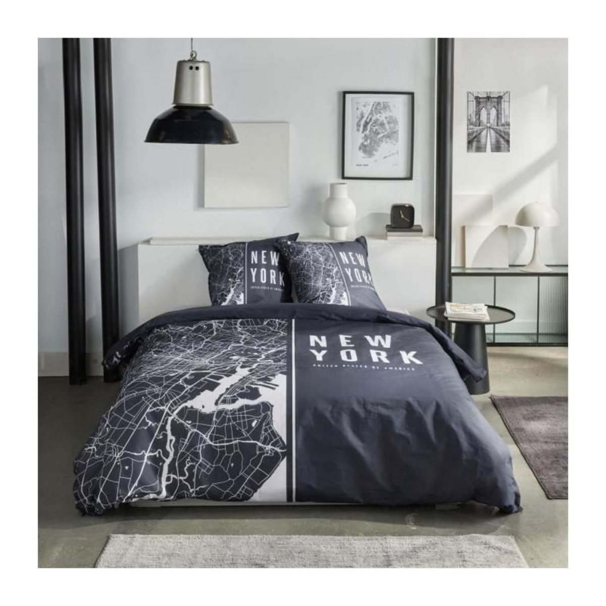 Today Parure de lit - TODAY - JAVA - 2 personnes - 240x220 cm - Coton - Imprimé New York - Noir