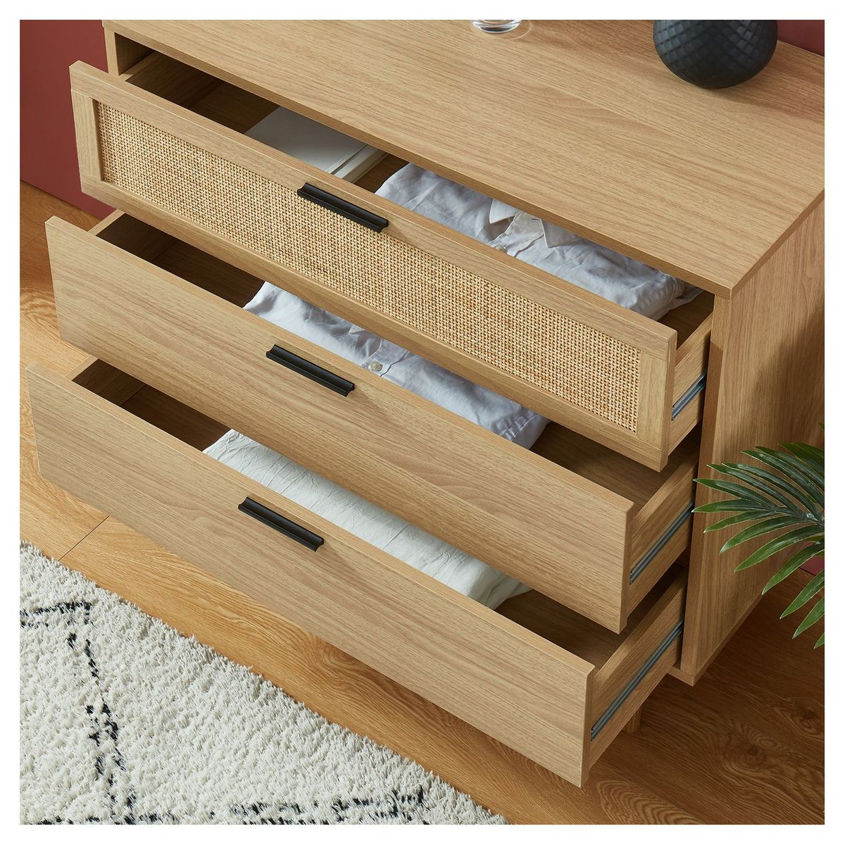 Commode 3 Tiroirs Cannage Naturel- Décor Imitation Bois L80cm AMANDINE