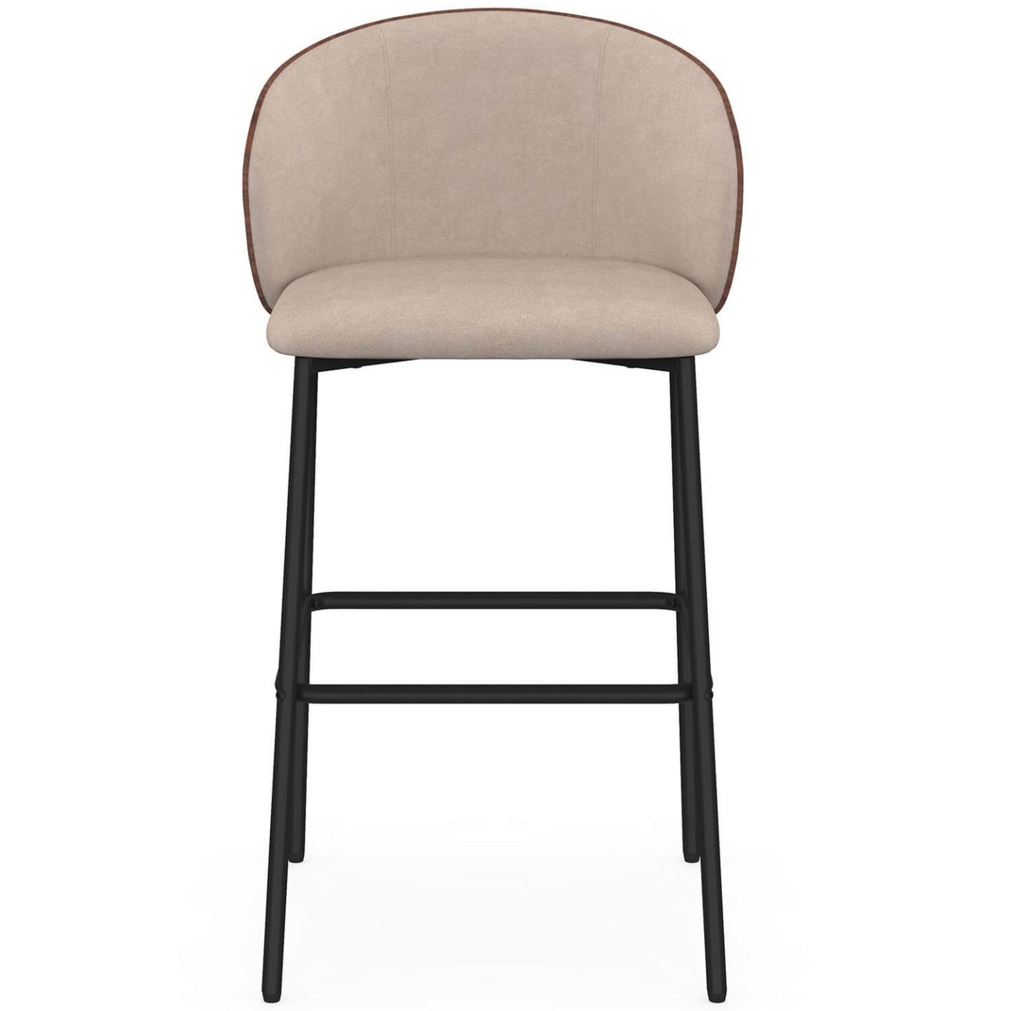 Voir la diapositive 3 : ID MARKET Lot de 4 tabourets de bar PENNY en tissu taupe, dossier effet noyer et pieds en métal noir
