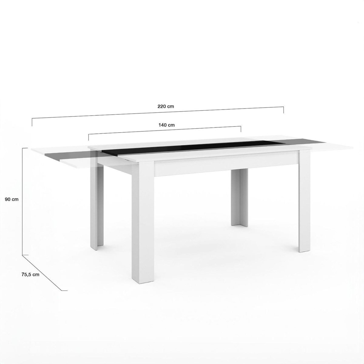ID MARKET Table à manger extensible rectangle GEORGIA 6-10 personnes blanche et noire 140-220 x 90 cm