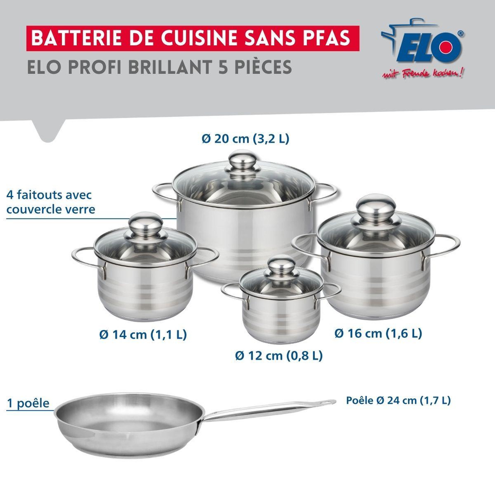 Voir la diapositive 2 : ELO Ensemble de 1 poêle de cuisson 24 cm et 4 faitouts 12, 14, 16 et 20 cm elo profi brillant