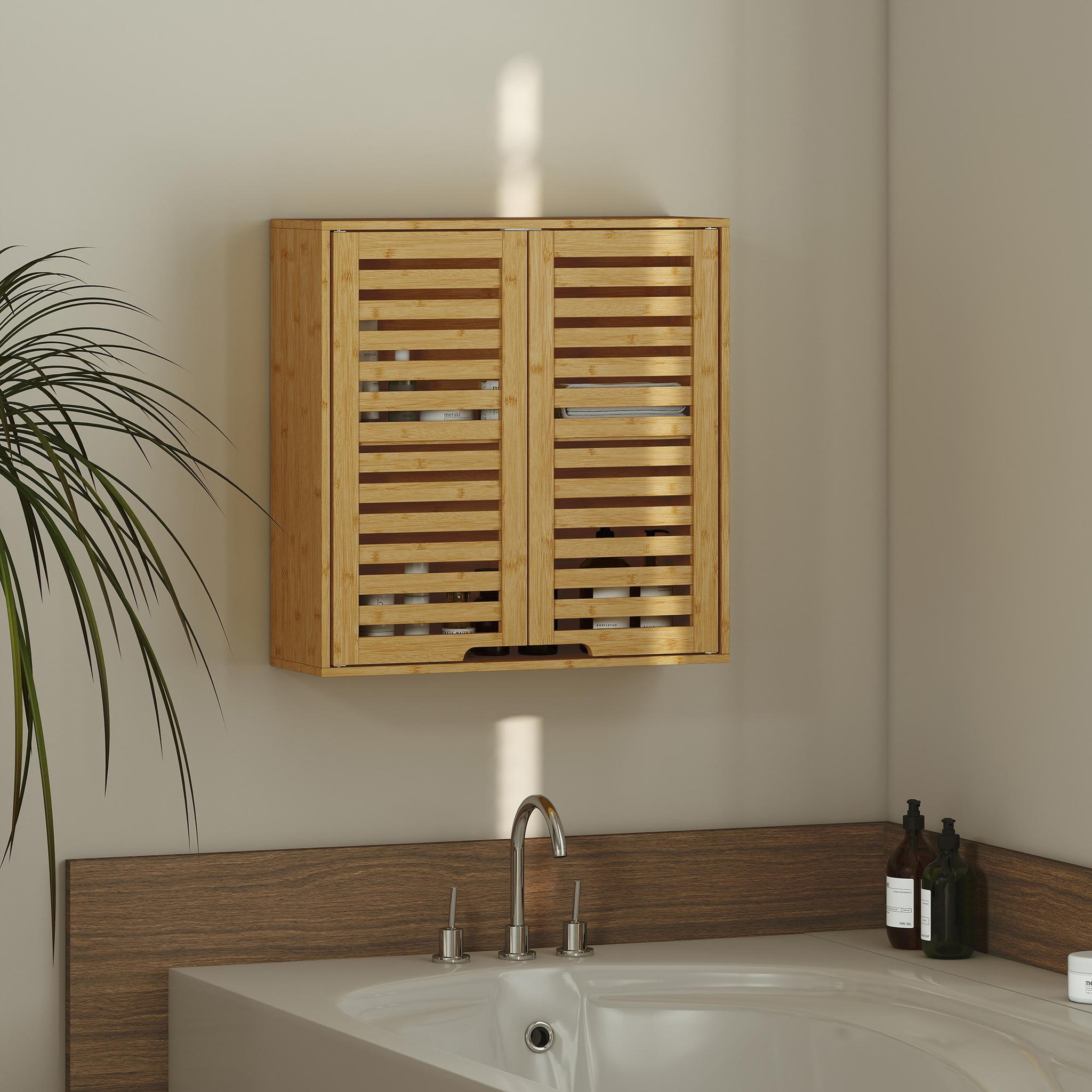 Voir la diapositive 2 : HOMCOM Armoire murale de salle de bain style exotique bambou 60 x 20 x 60 cm 2 portes étagère