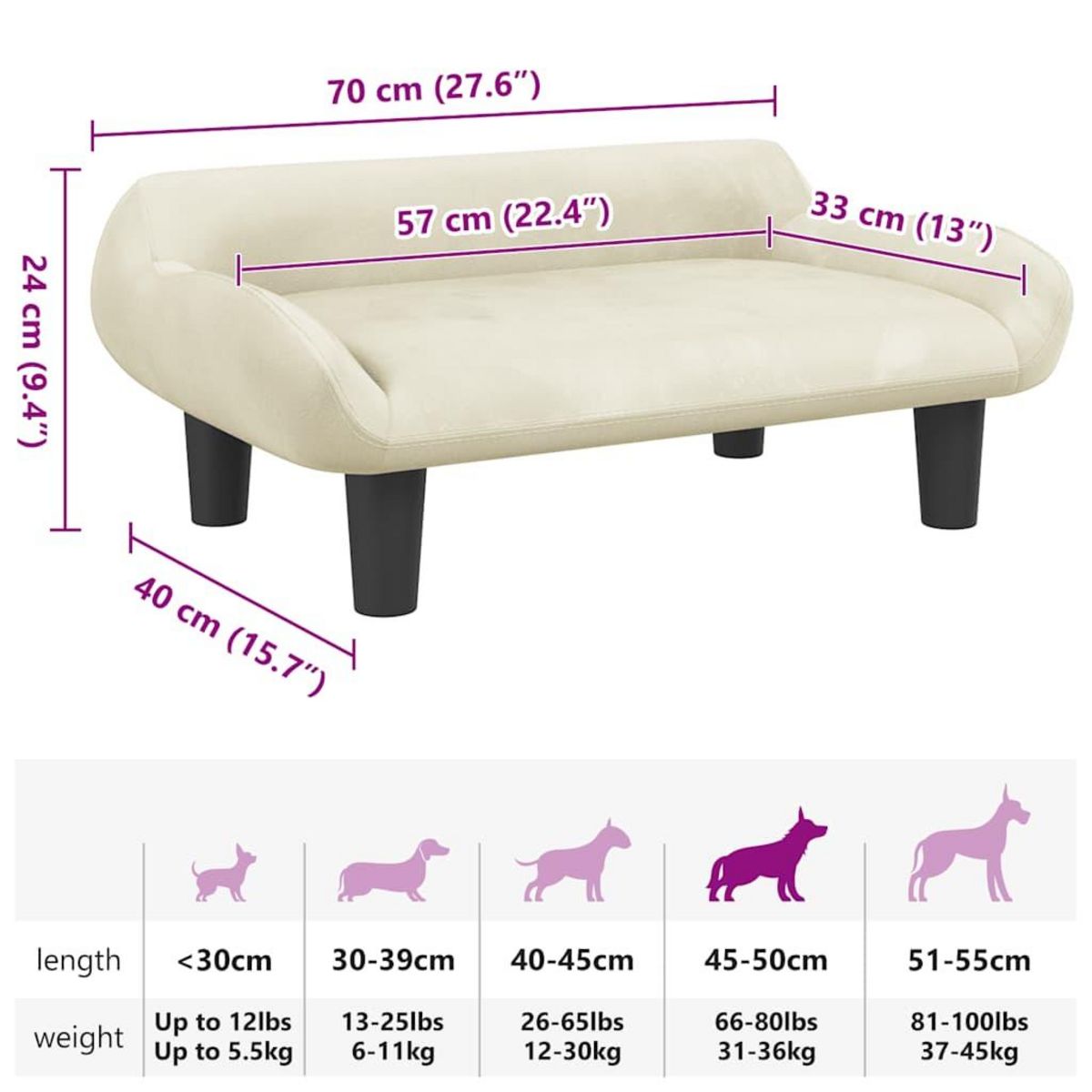 VIDAXL Lit pour chien creme 70x40x24 cm velours