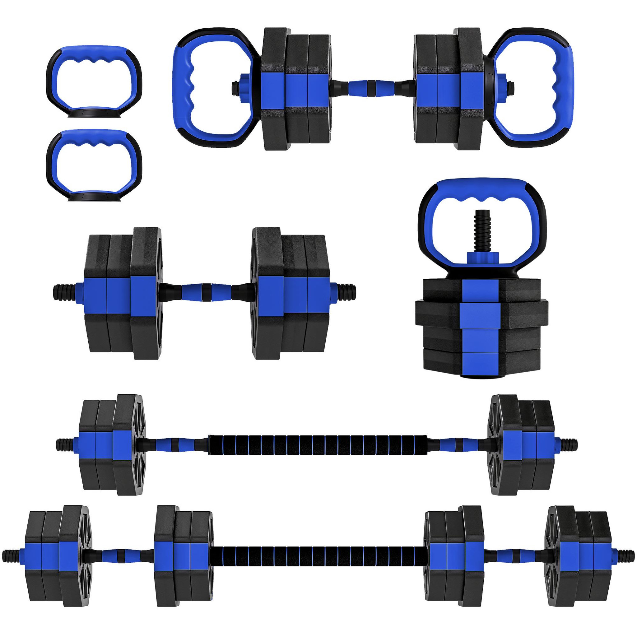 HOMCOM Ensemble d'haltères musculation multifonction 4 en 1 - haltères, kettlebell, push-up support, olympic barre - total 20kg - pvc bleu noir