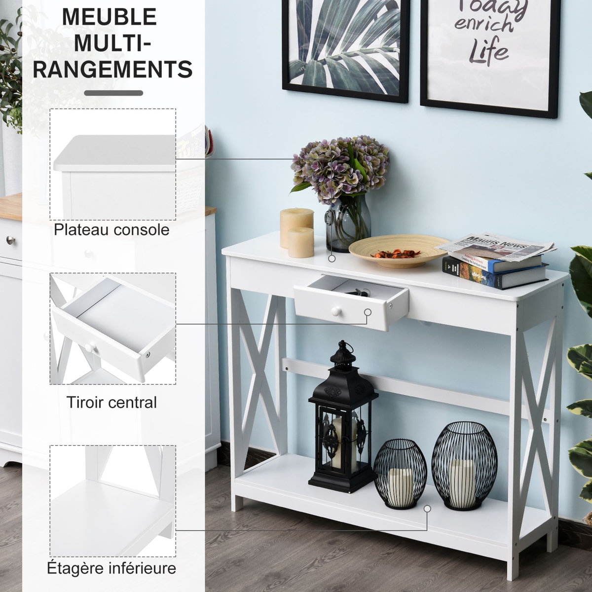 HOMCOM Console style table de drapier néo-rétro tiroir + étagère dim. 100L x 30l x 81H cm MDF blanc